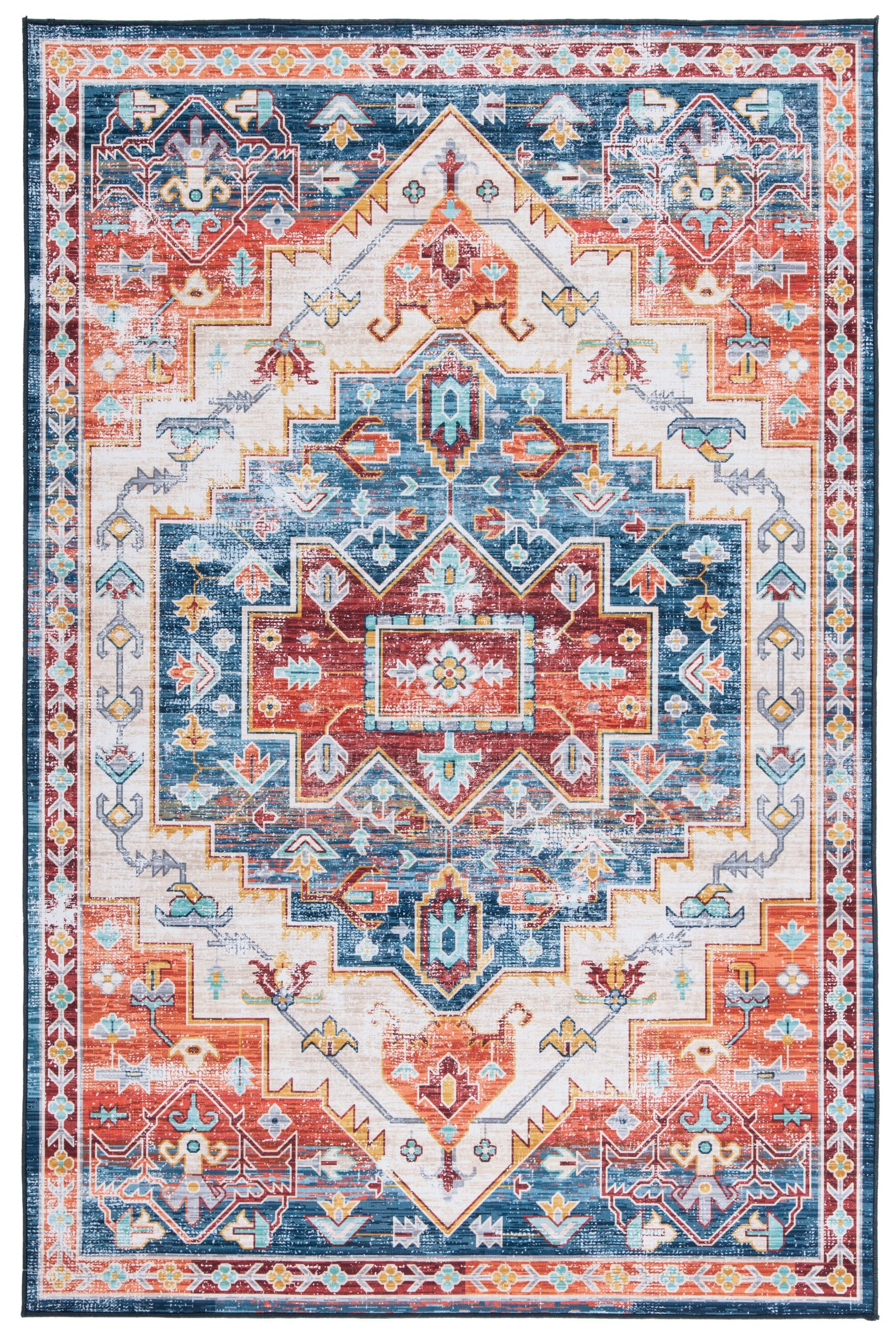 Tucson Traditional Blue/Rust 3' x 5' Machine Washable Area Rug