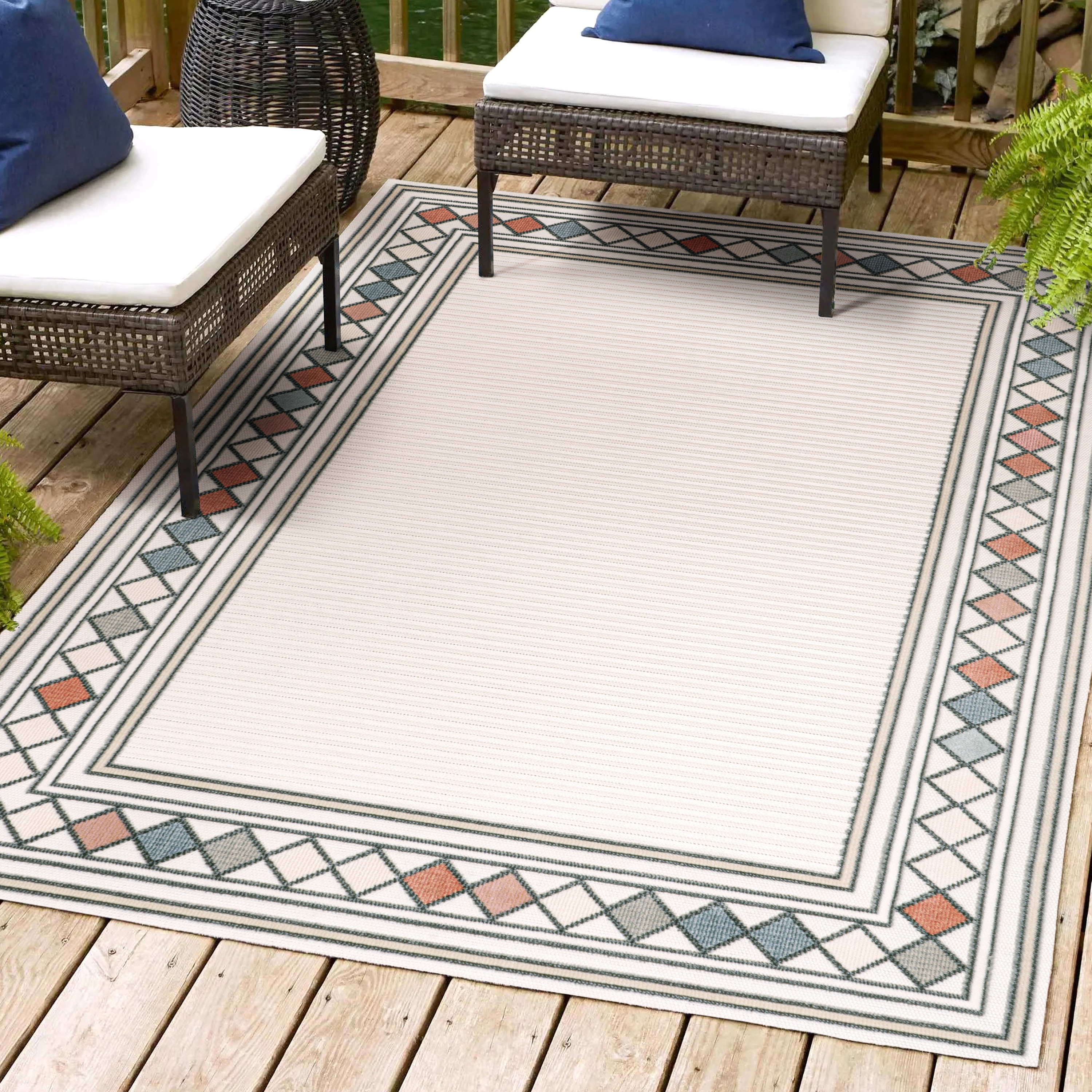 JONATHAN  Y HWC102B-4 Hawaii Sebastian High-Low Modern Diamond Border 4 x 6 (ft) Loomed Polypropylene Ivory/Beige Rectangular Indoor/Outdoor Floral/Botanical Farmhouse/Cottage Area rug