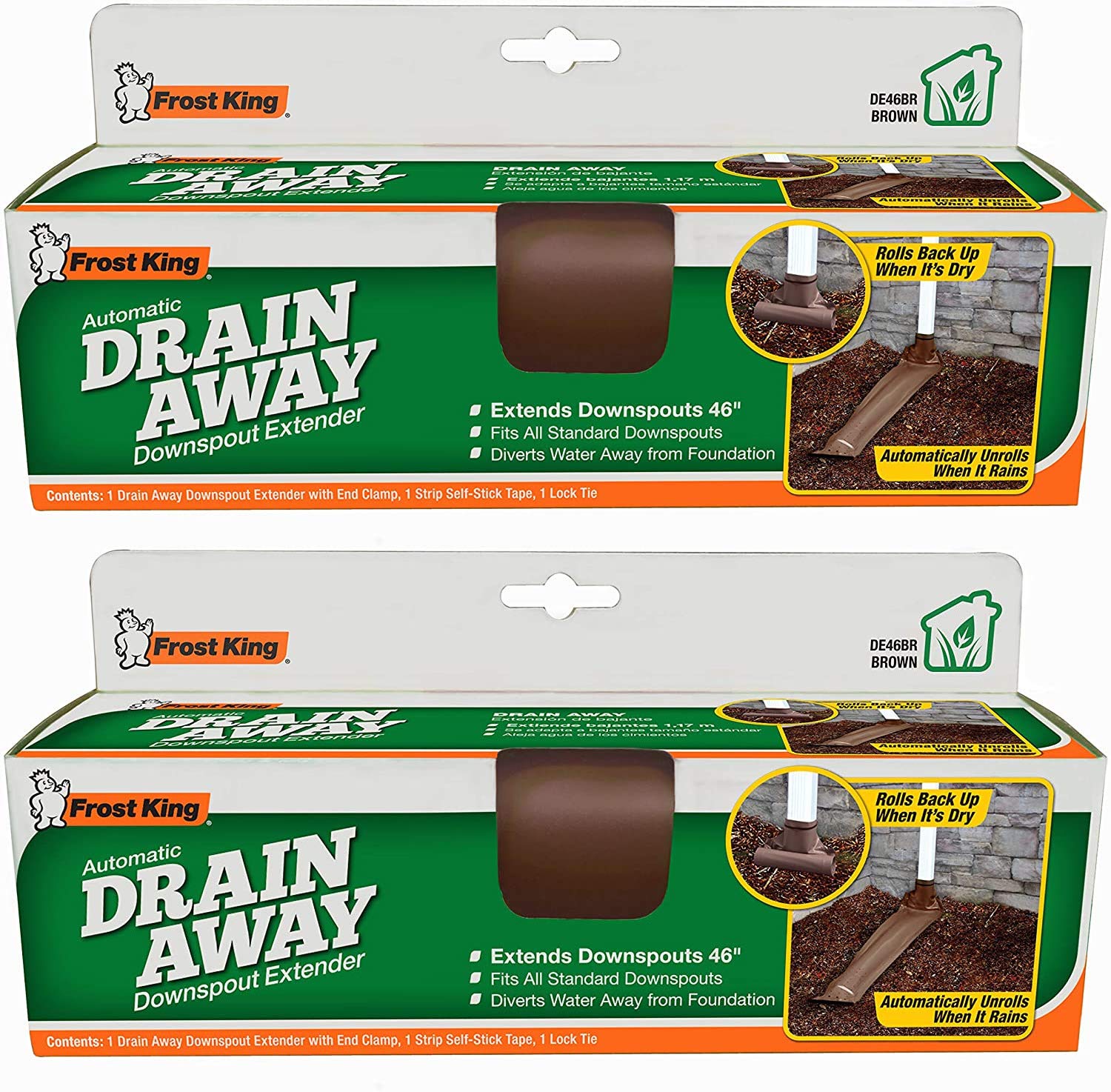 Frost King  DE46BR Automatic Plastic Drain Away Downspout Extender Extends 4-Feet Brown 2 Pack
