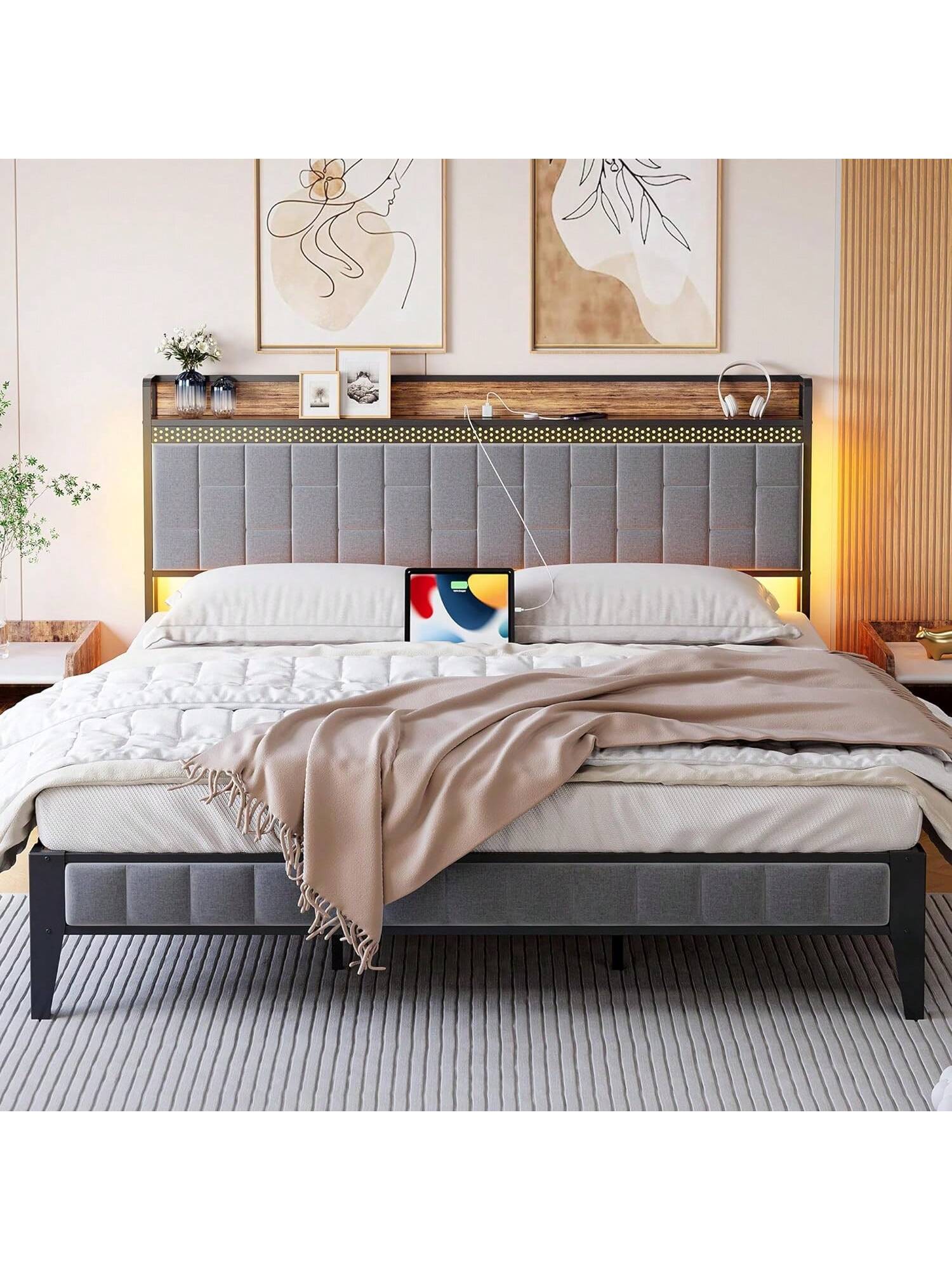 Qeetex PHO-11EWPXSL-HF4 Size Bed Frame With Charging Station. LED Bed Frame With Storage Headboard. Upholstered Platform Bed Frame. No Box Spring Needed. Easy Assembly(Gray/Gold/Black)