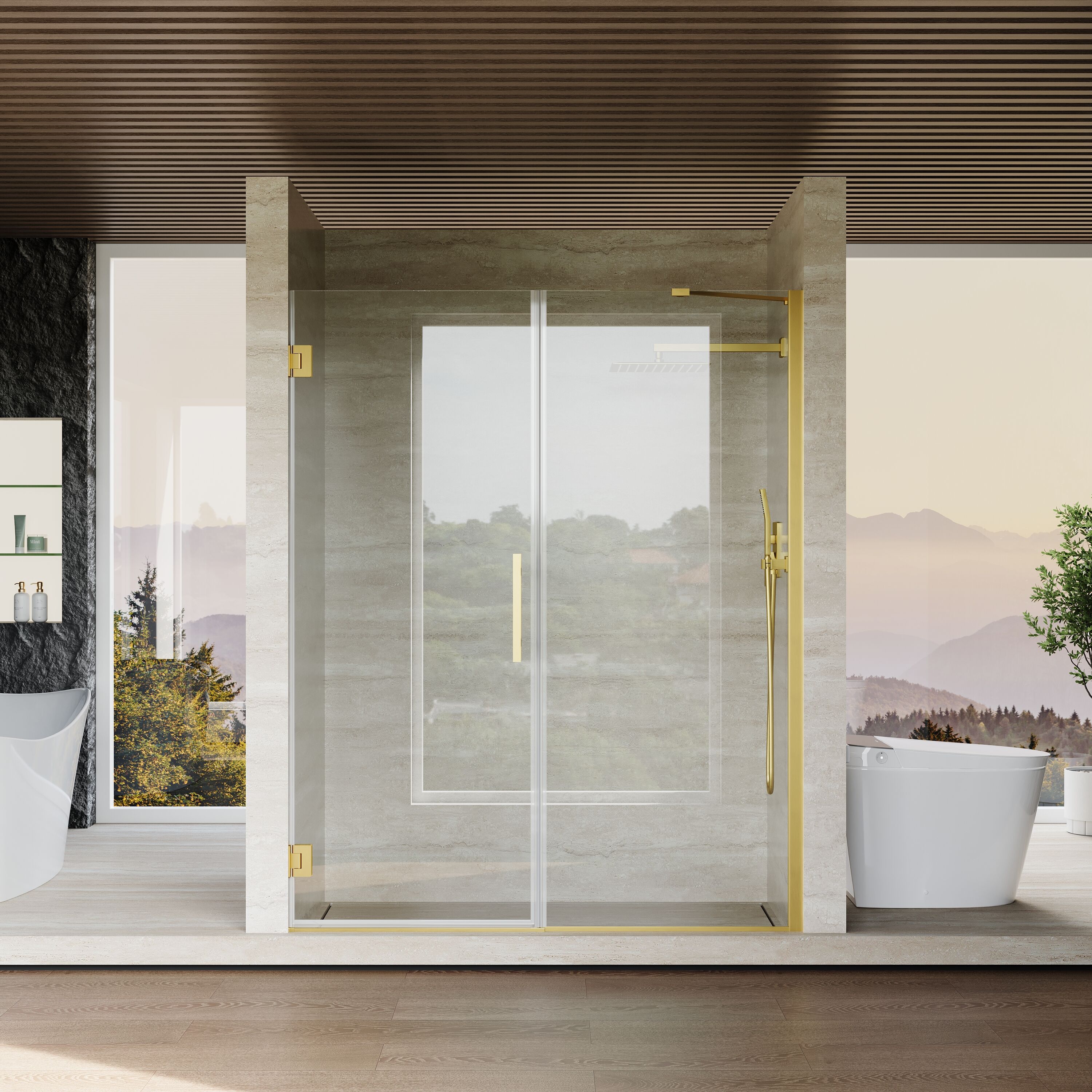 ANGELES HOME  58-in to-59-in W x 72-in H Frameless Hinged Shower Door with Fixed Glass Panel and Support Bar in Brushed Gold