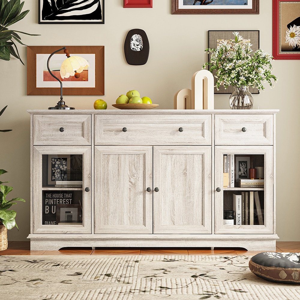 Homsee V-KF210232-01 Wood Grain Sideboard Storage Cabinet with 4 Doors and 3 Drawers Adjustable Shelves Glass Panels and Metal Handles 63''L x 15.7''W x 35.4''H Grey