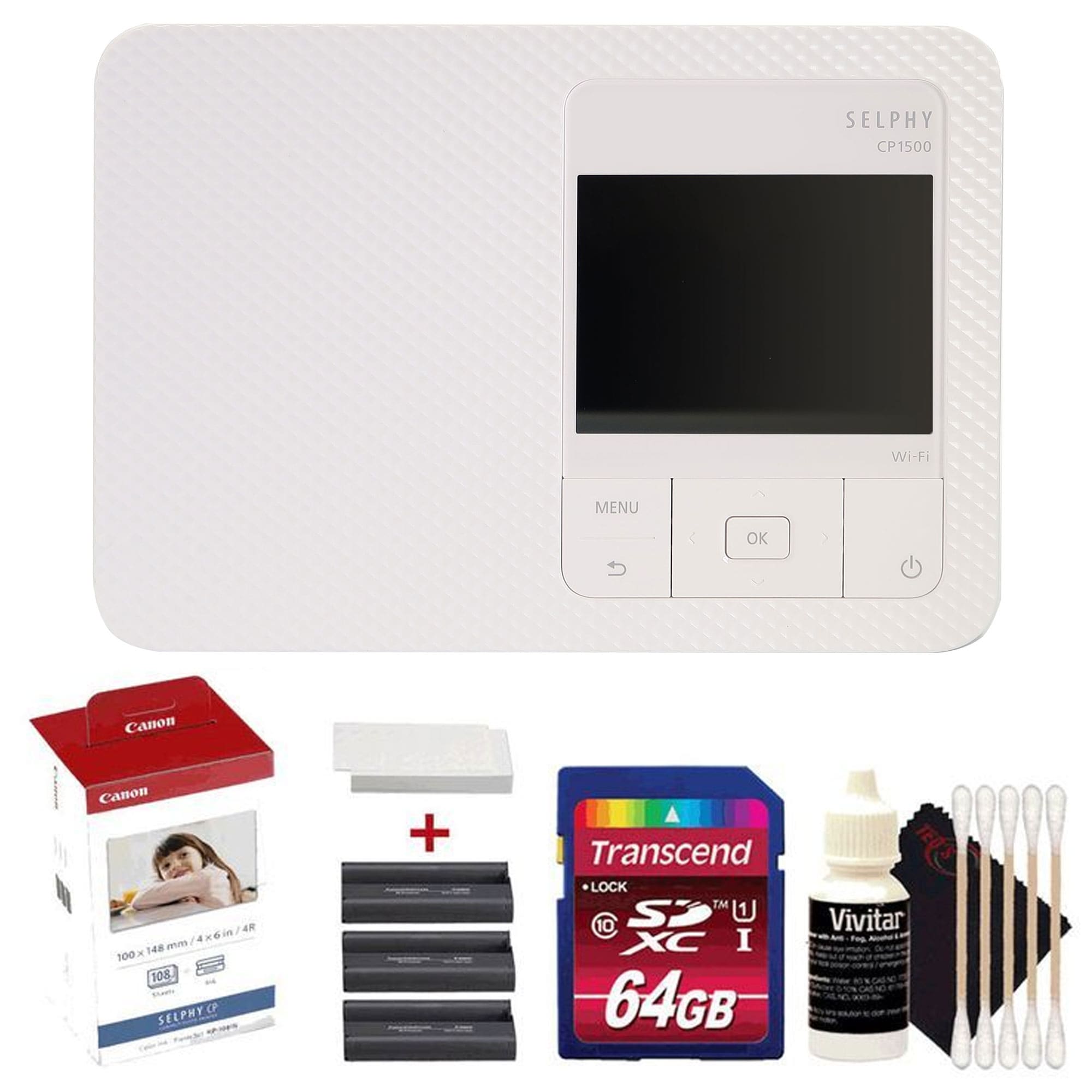 Canon  SELPHY CP1500 Compact Photo Printer White KP-108IN Selphy Color Ink 4x6 Paper Set 3115B00164GB Memory CardCleaning Kit