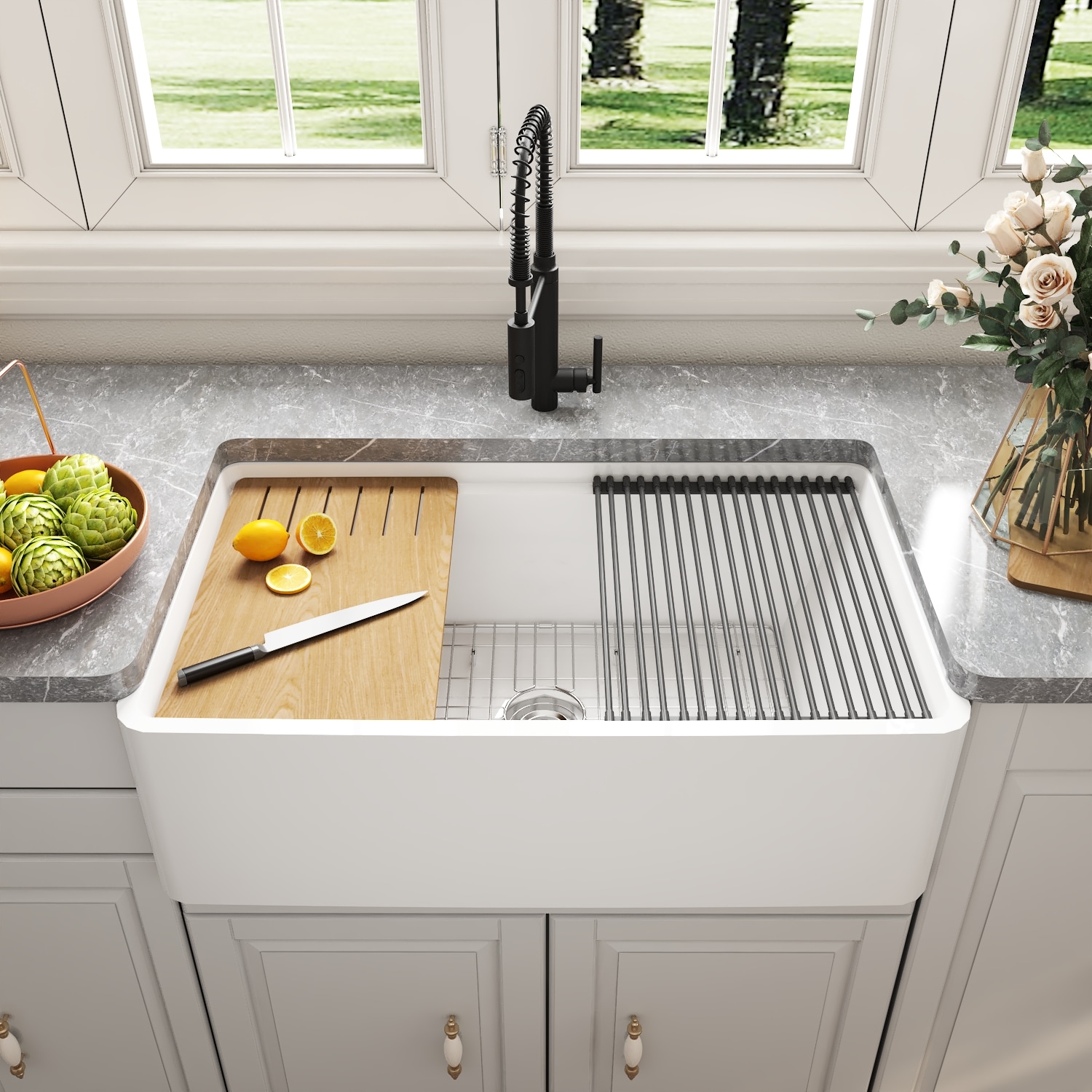 DeerValley Farmhouse Apron Front 32.87-in x 20-in White Fireclay Single  Bowl Workstation Kitchen Sink in the Kitchen Sinks department at