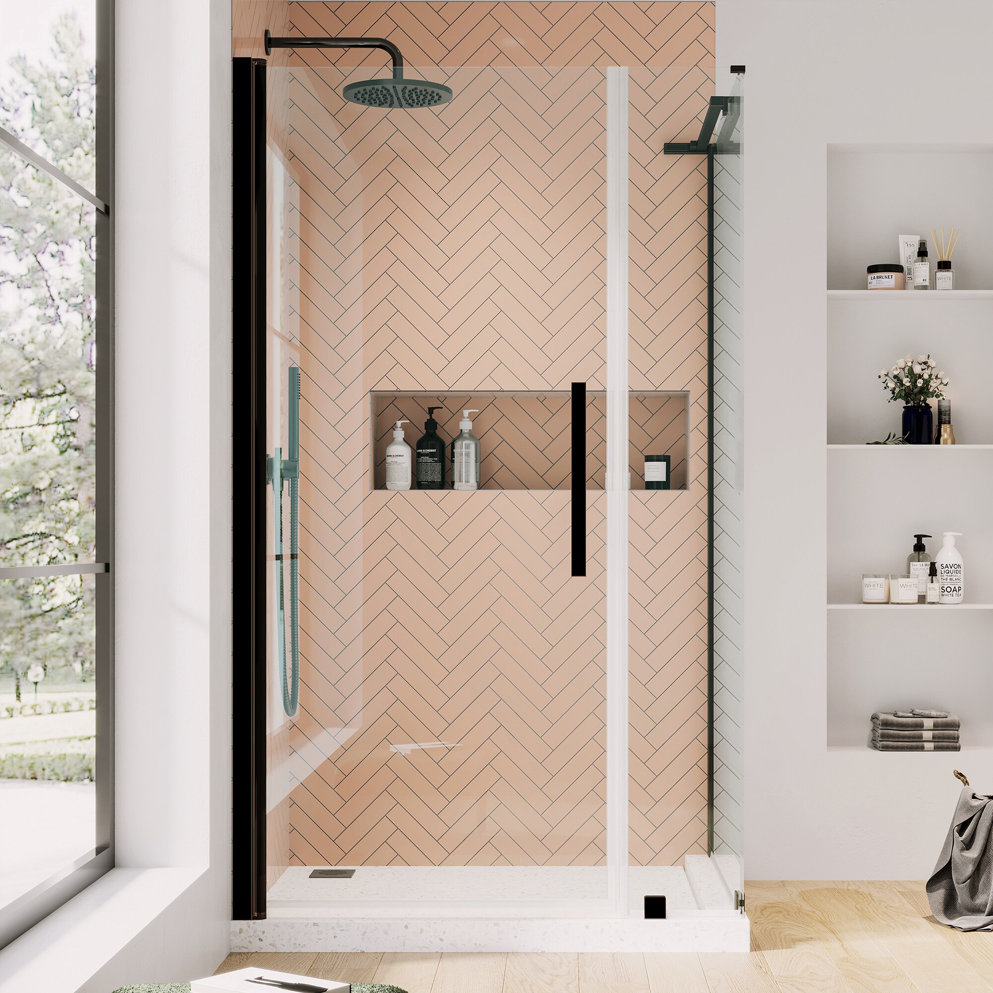 OVE Decors 828796059374 Pasadena Oil-rubbed bronze 33-11/16-in to 34-1/2-in W x 72-in H Frameless Pivot Shower door 5/16-in Thick Clear Glass