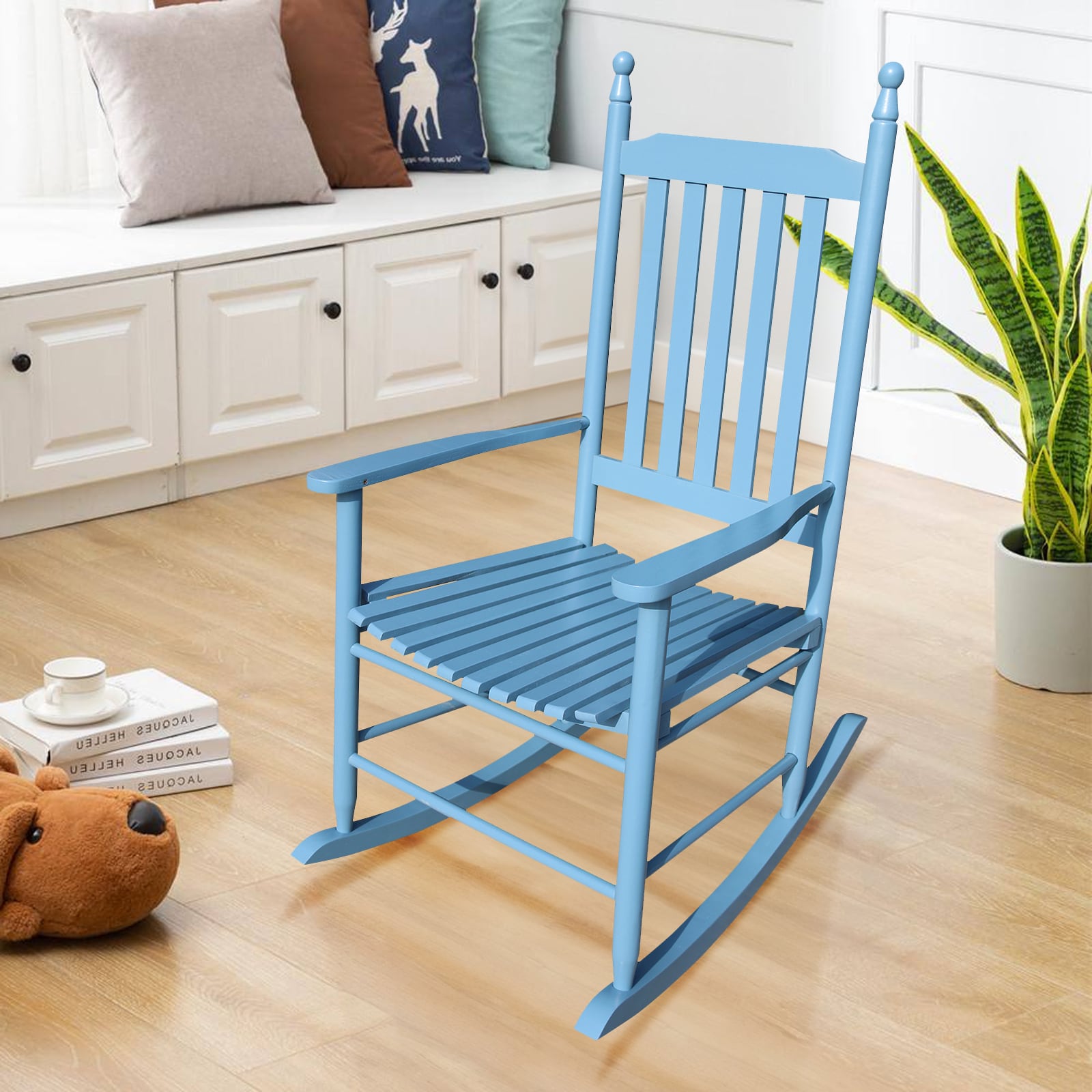 Blue Solid Wood Outdoor Rocking Chair with Arms