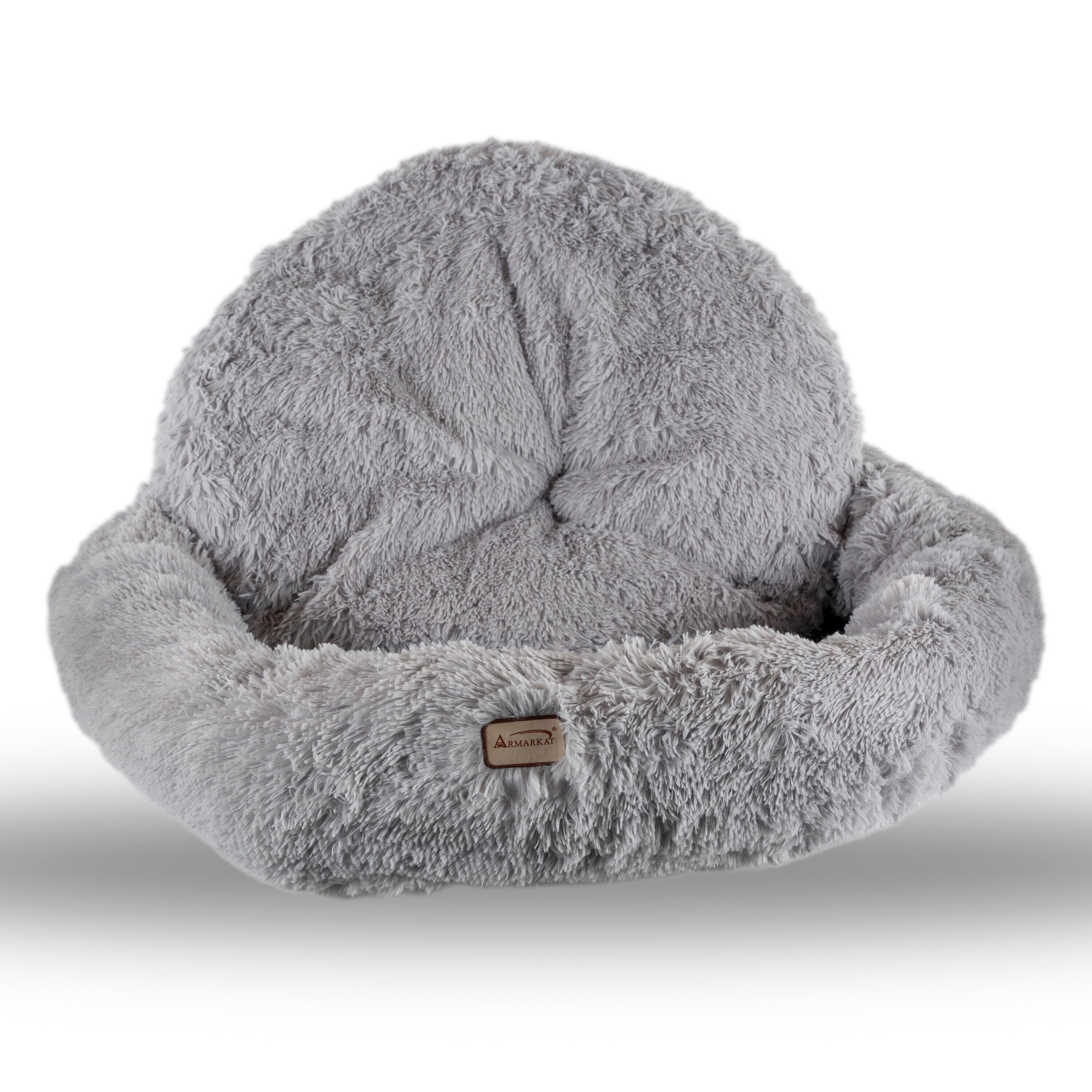 Large Gray Plush Round Faux Fur Pet Bed