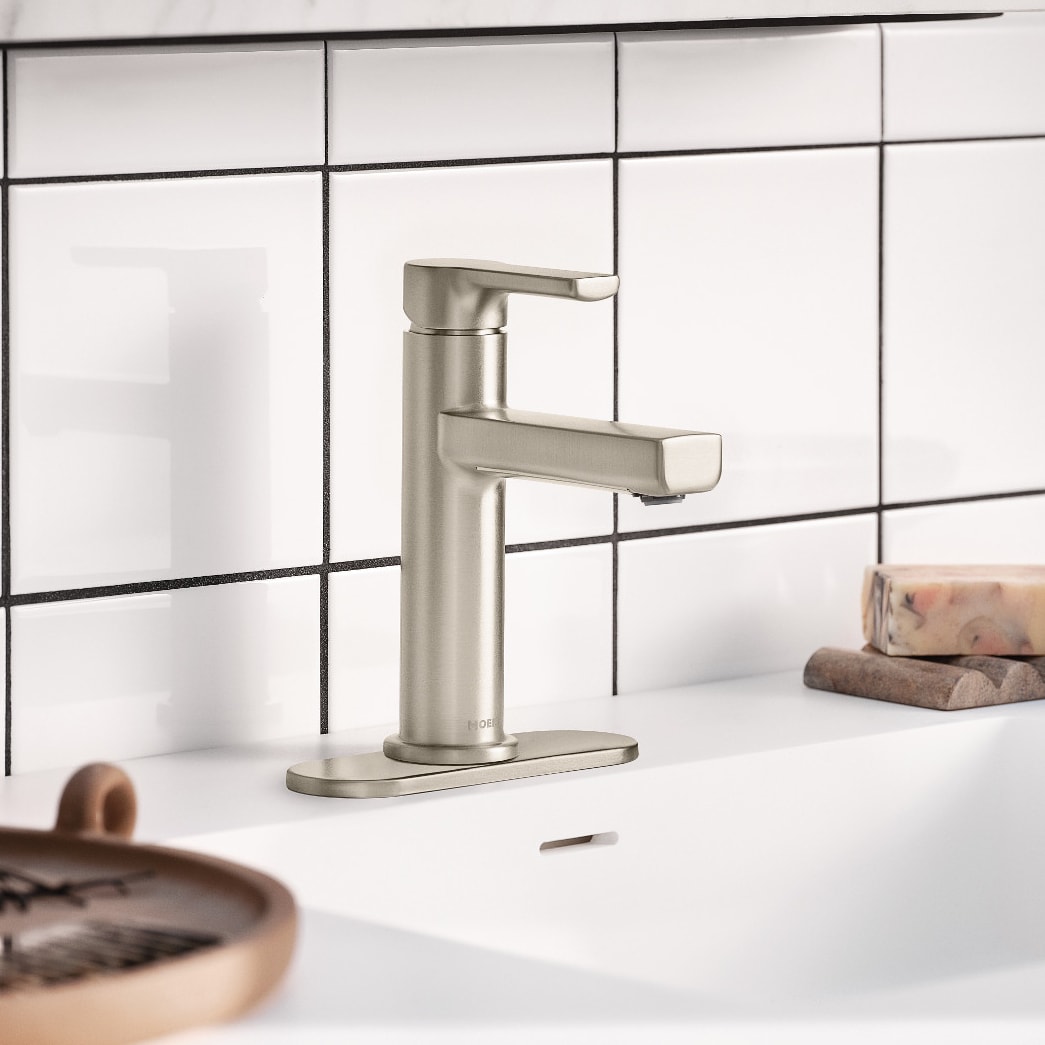 Moen Rinza Spot Resist Brushed Nickel Single hole 1-handle WaterSense High-arc Residential Handle Bathroom Sink Faucet with Drain with Deck Plate