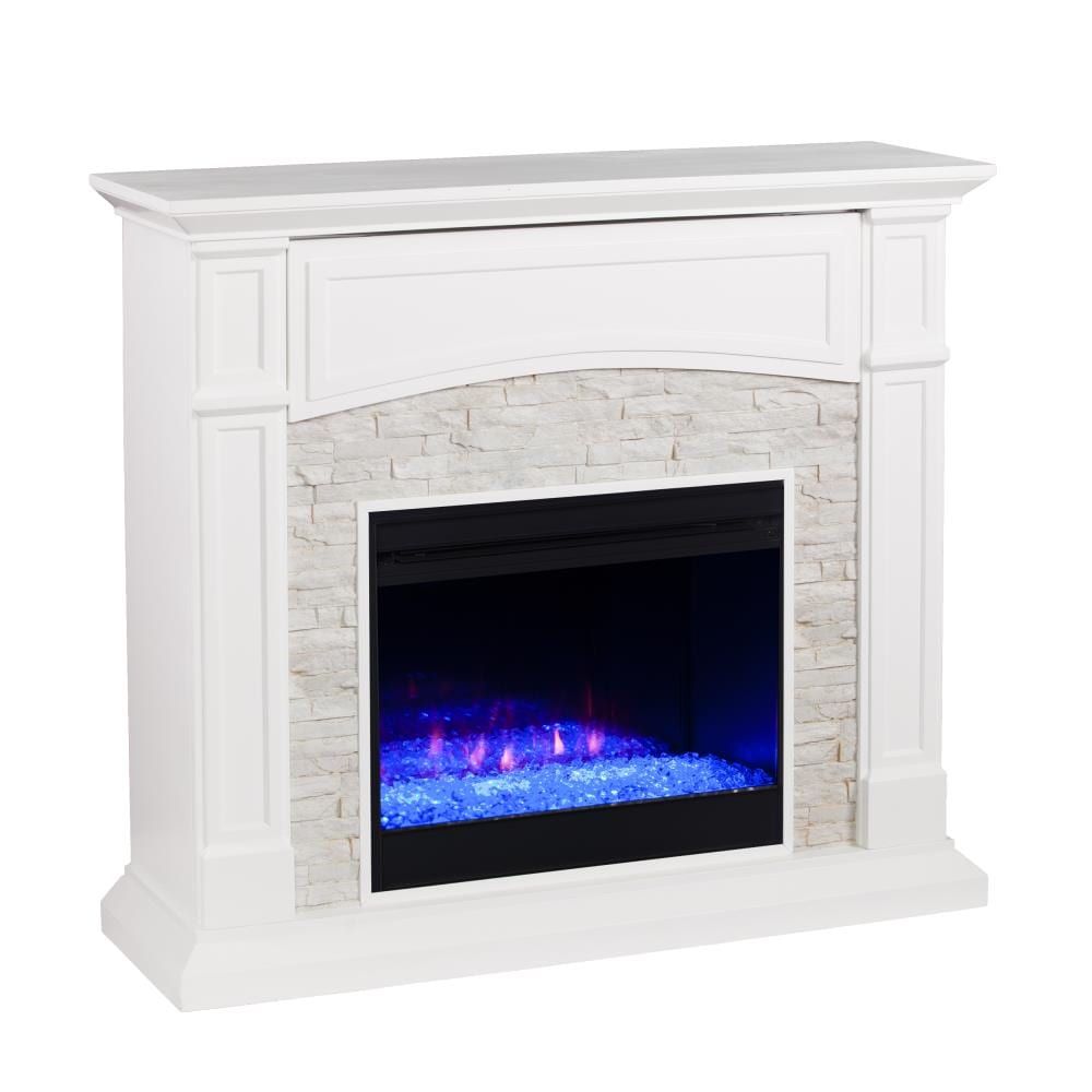 Boston Loft Furnishings ATG2639FC 45.75-Inches W Crisp white with rustic white faux stone Free standing Fan-forced Flat wall Electric Fireplace with Remote Control Included