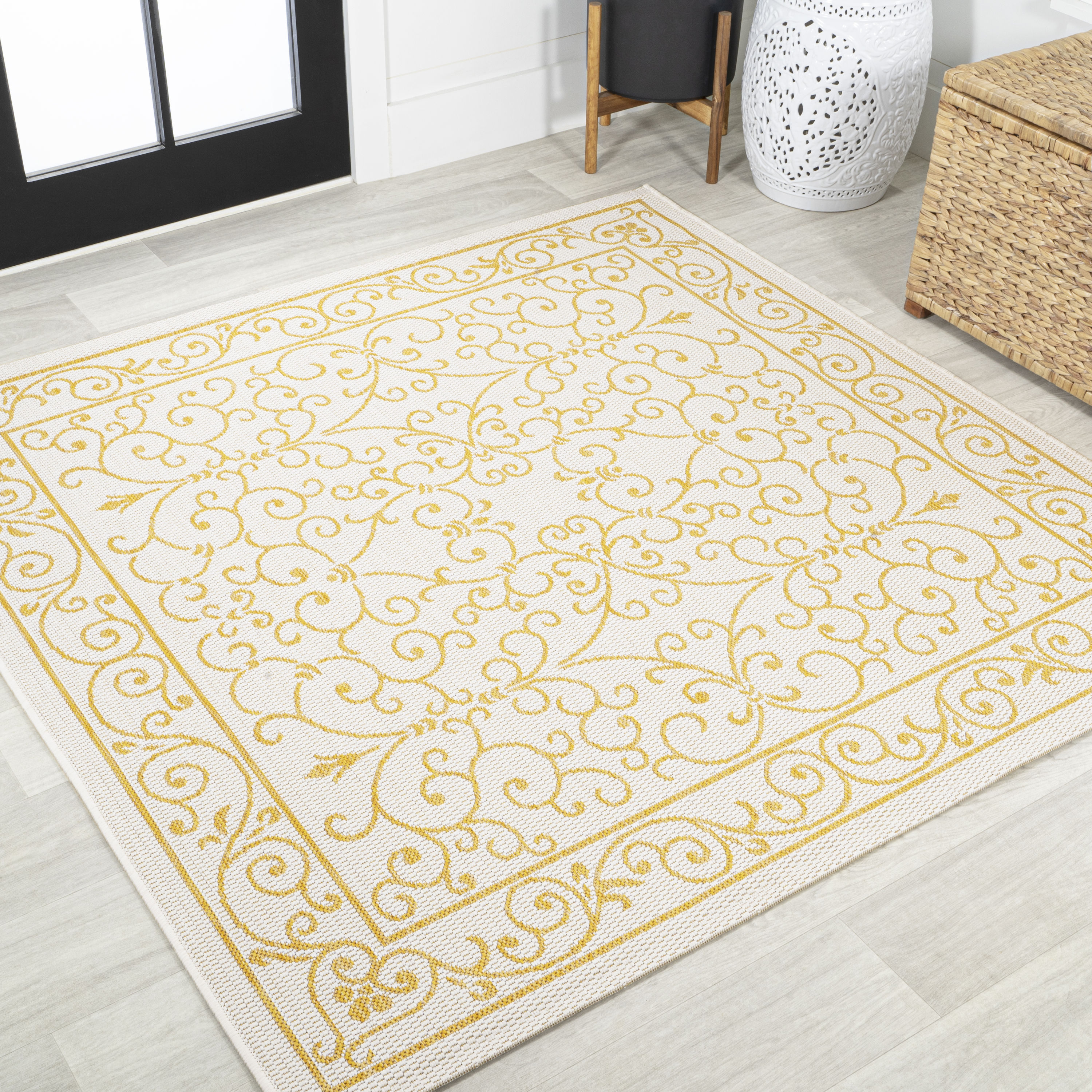 JONATHAN  Y SMB106M-5SQ Santa Monica Charleston Filigree Textured Weave 5 x 5 (ft) Loomed Polypropylene Cream/Yellow Square Indoor/Outdoor Border French Country Area rug
