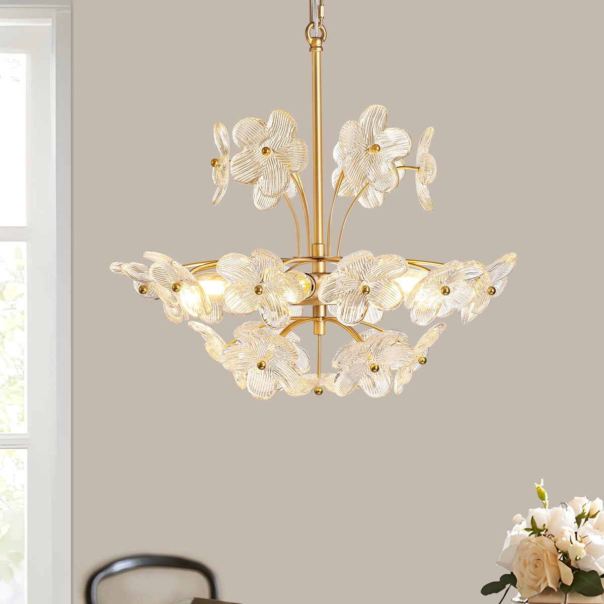 KAISITE 8217PL-06GD-US 6-Light Brushed Gold Finish Height Adjustable Antique Dimmable Crystal Glass Flower Chandelier With No Bulbs Included