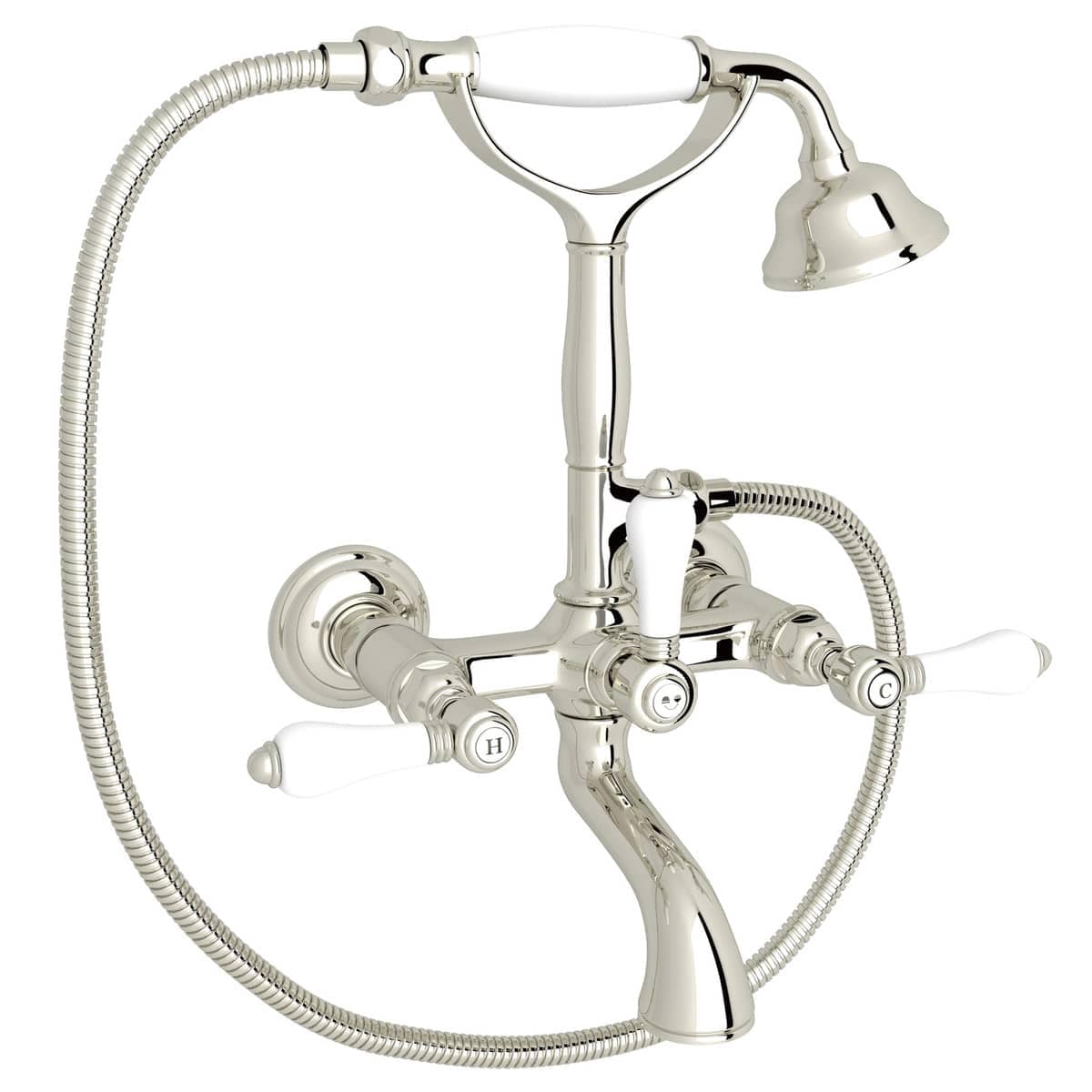 Rohl A1401LPPN Acqui Wall Mount Tub Filler and Hand Shower in Polished Nickel With Lever Handles (Valve Included)