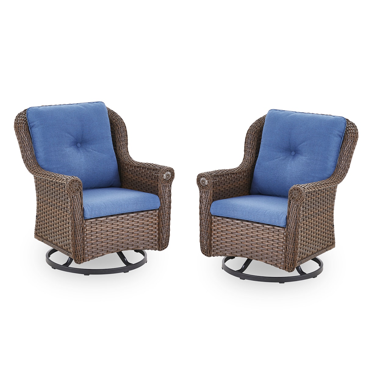 Rilyson FSPBR20-1 Daisy Set of 2 Wicker Brown Wicker Frame Swivel glider Conversation Chair with Brown Blue Cushioned Seat