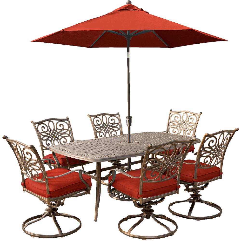 Hanover TRADDN7PCSW6-SU-R Traditions 7-Piece Bronze Patio Dining Set with Red Cushions