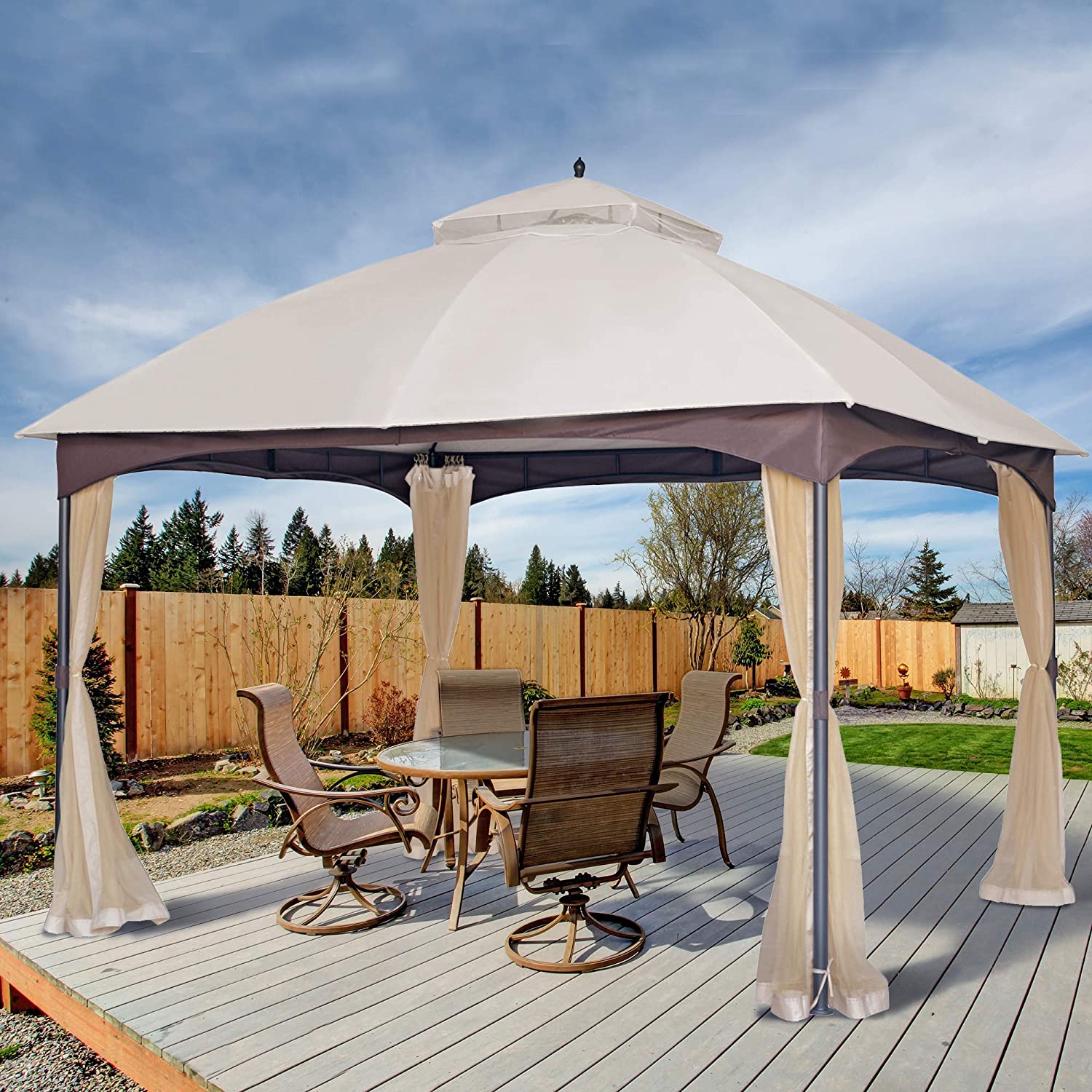 AAZJ BYO-41373 10-ft x 12-ft Beige+Light Natural Rectangle Gazebo with Soft top Roof (Screen Included)
