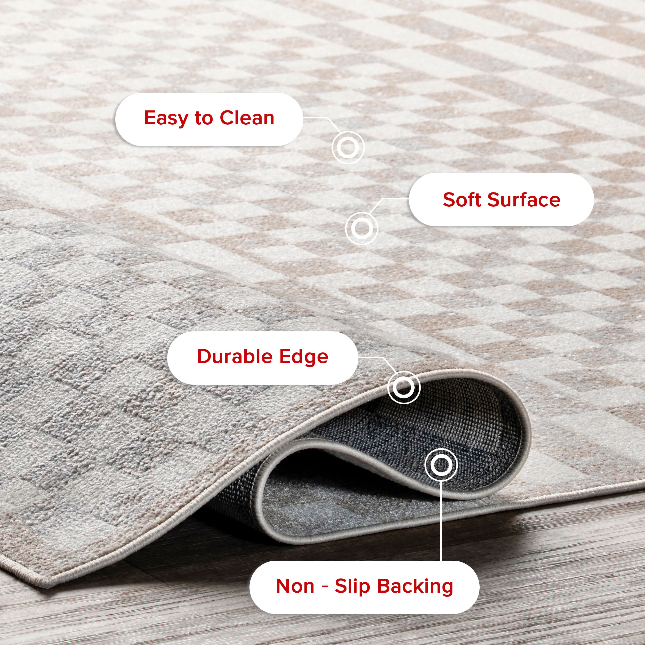 Beige and White Geometric 4' x 6' Washable Area Rug
