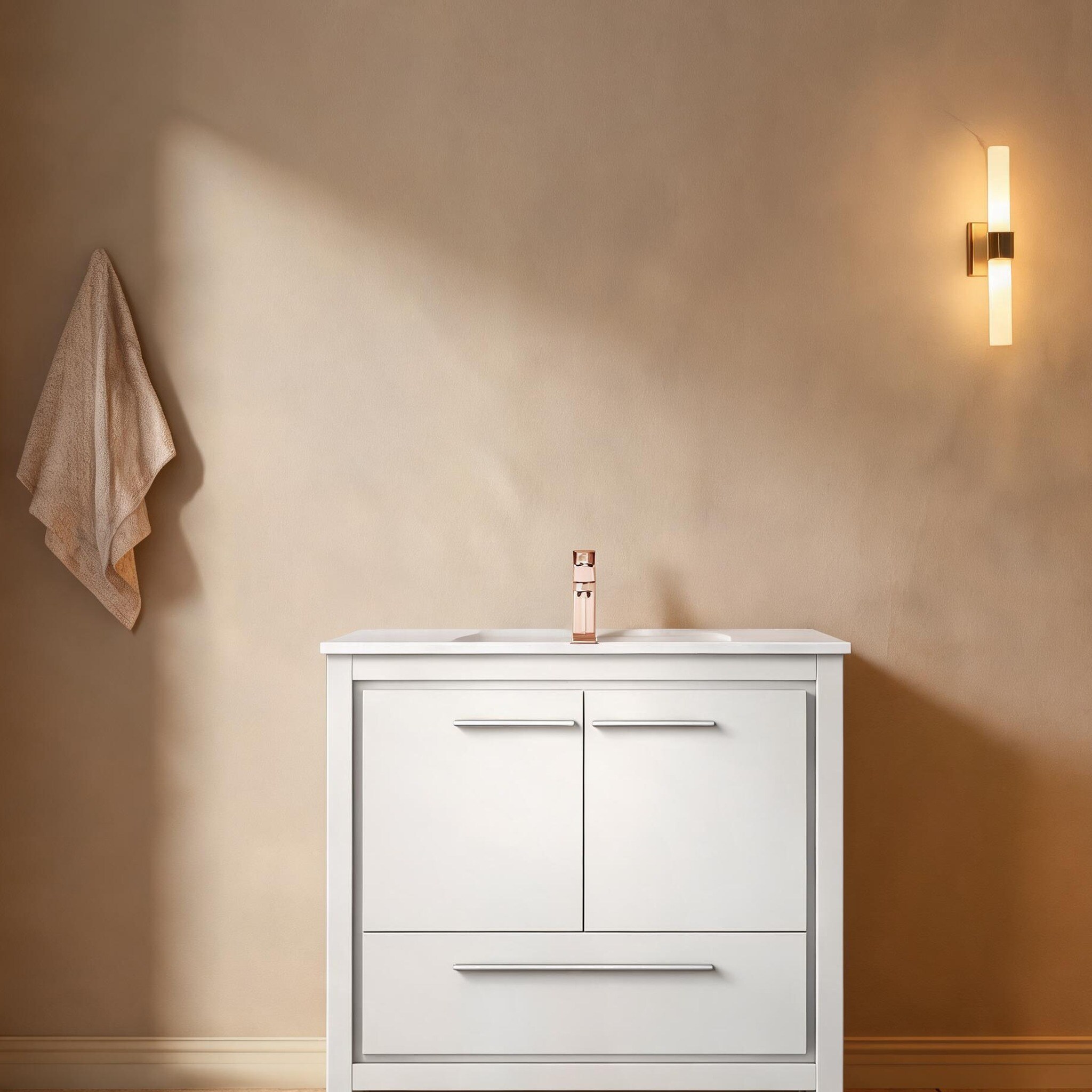 SunJet - 36-Inch Classic White Wood Bathroom Vanity with Quartz Top Soft-Close Storage and Rose G...