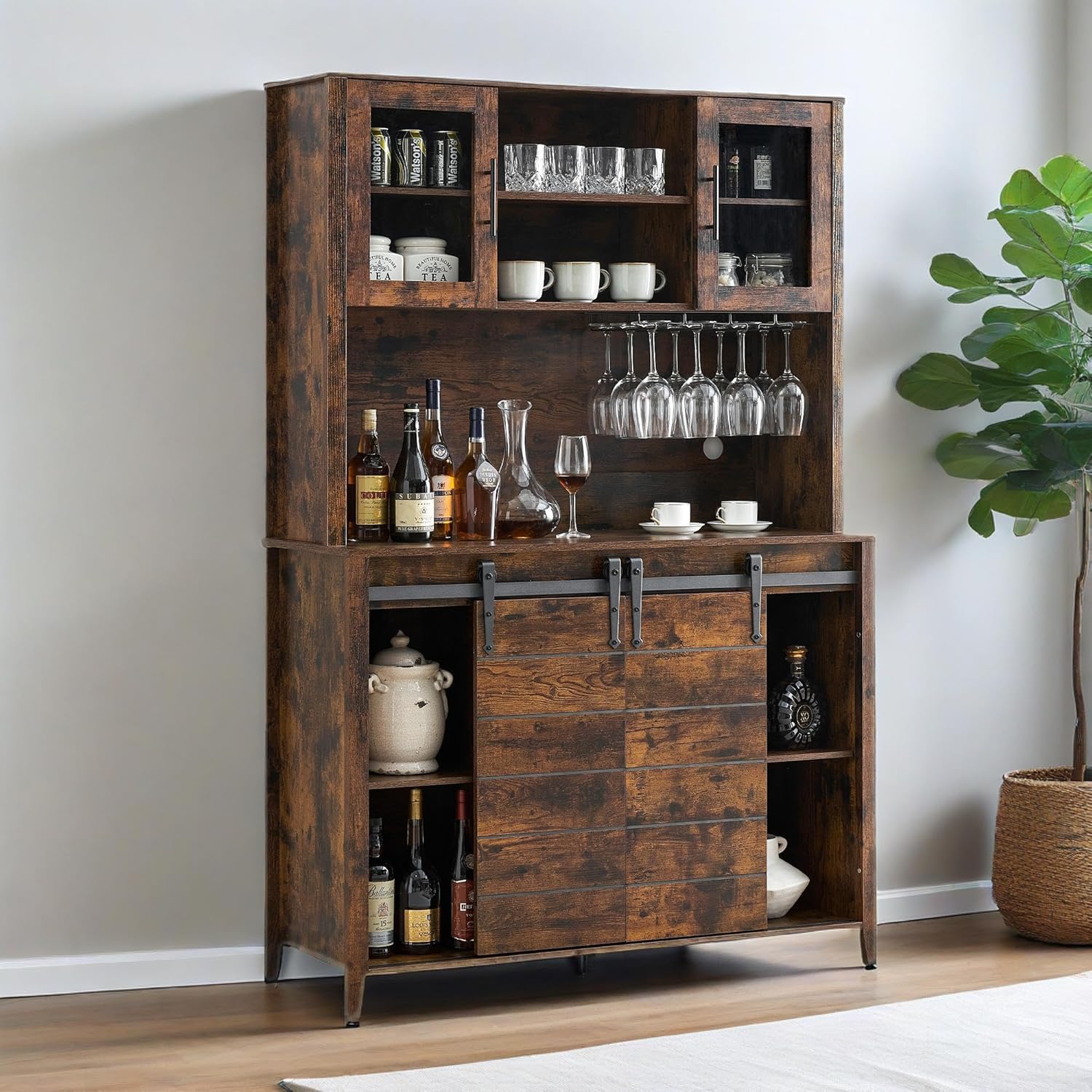 Qeetex LHF-JG-B1J39 70 Inch Tall Farmhouse Coffee Bar Cabinet Kitchen Hutch Storage with Sliding Barn Door Tall Sideboard Buffet Cabinet with Wine Rack and 12 Wine Glass Slots Rustic Coffee Bar Sideboard Table Vintage