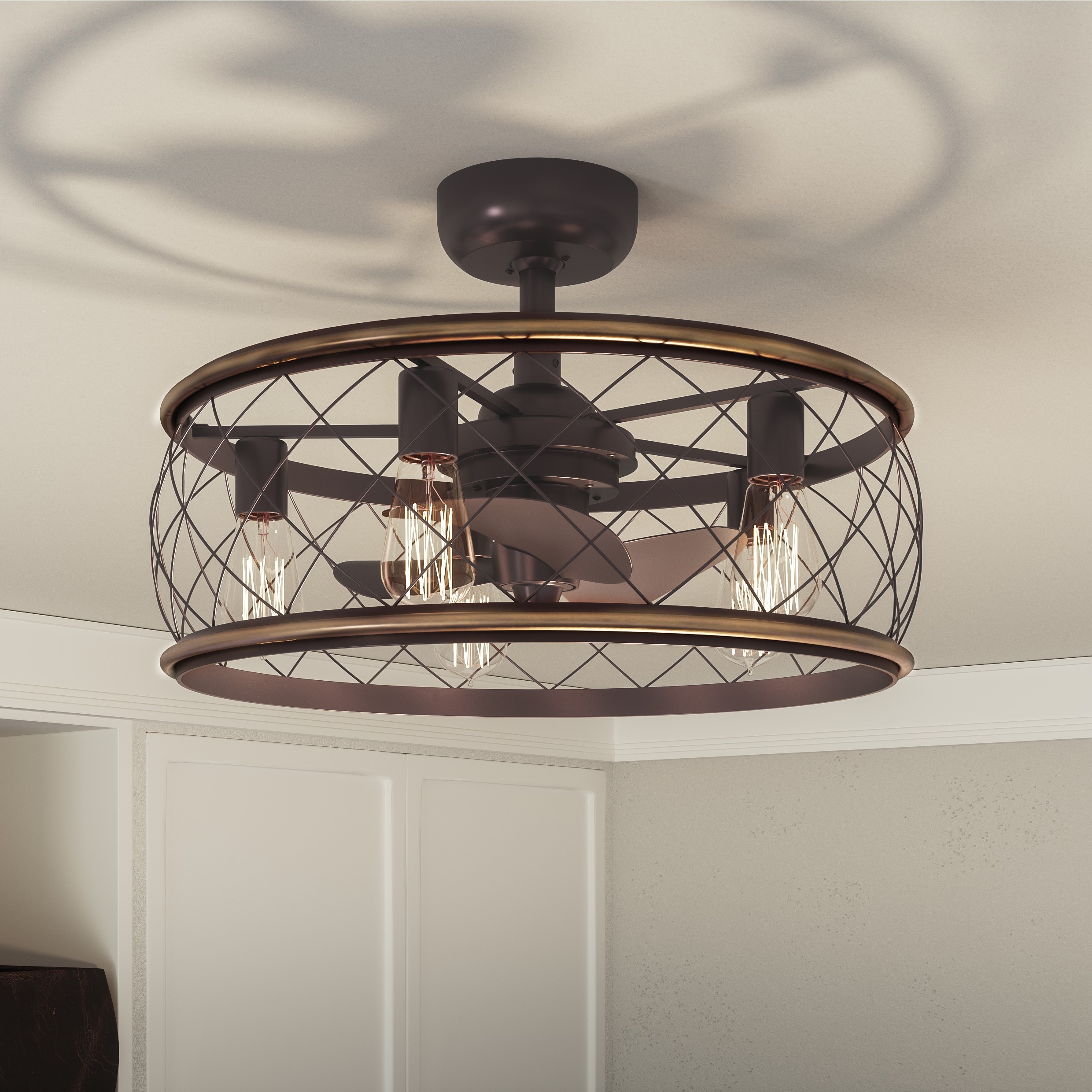 Quoizel RDY3122PN Dury 22-in Downrod or Flush Mount Bronze with Brown Blades Fandelier Ceiling Fan With Light - Remote Included ( 3 -Blade )