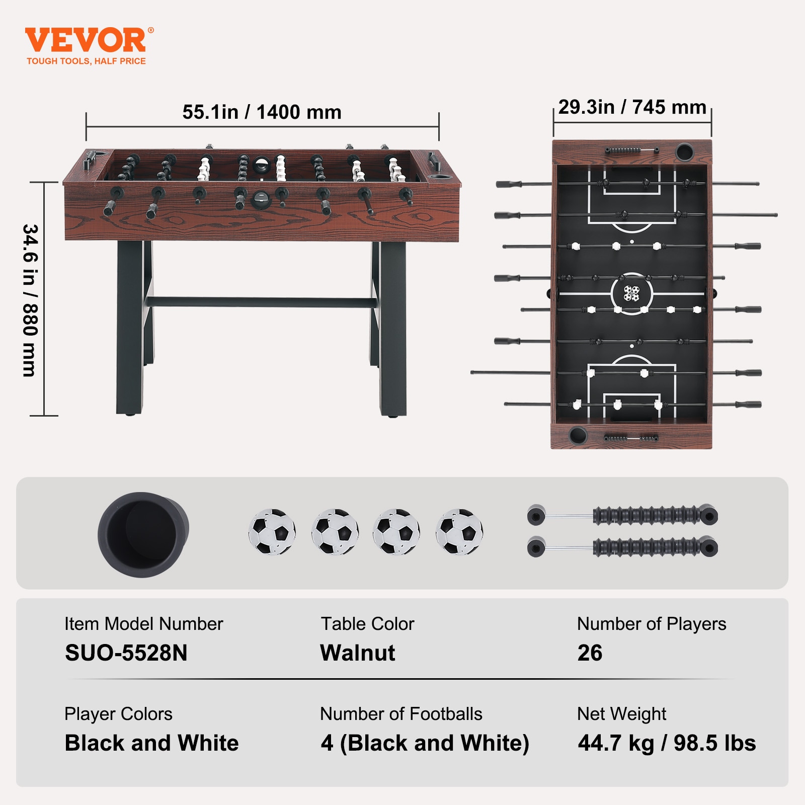 VEVOR 55'' Brown and Black Foosball Table with Telescopic Rods