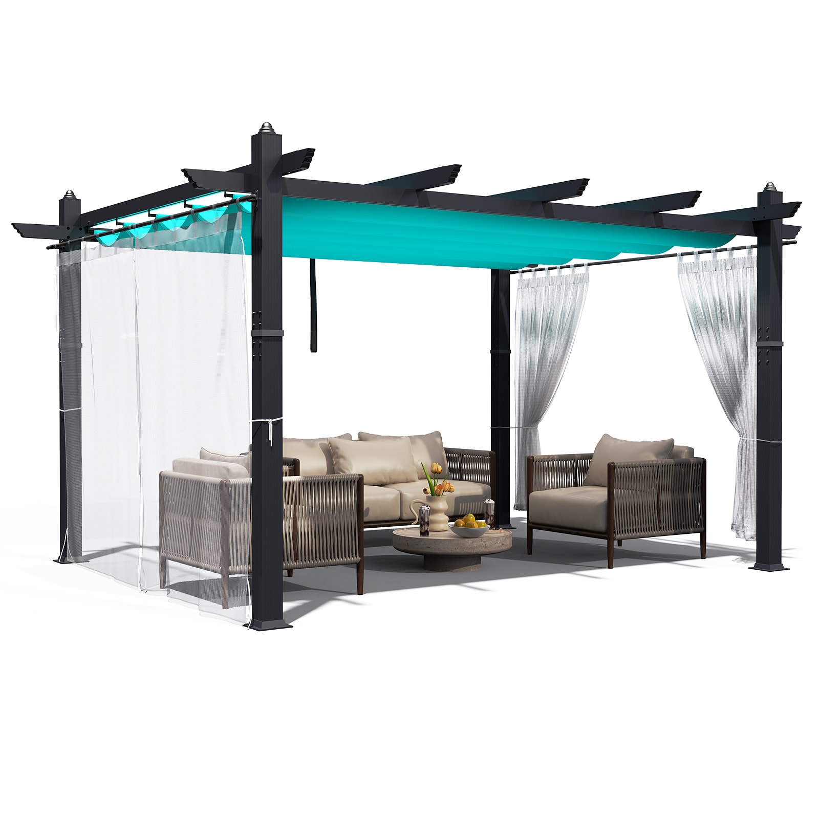IdealHouse 10x13 FT - Weatherproof Aluminum Pergola with Adjustable Blue Canopy 4 White Curtains Small Patio Pergola for Backyard or Garden