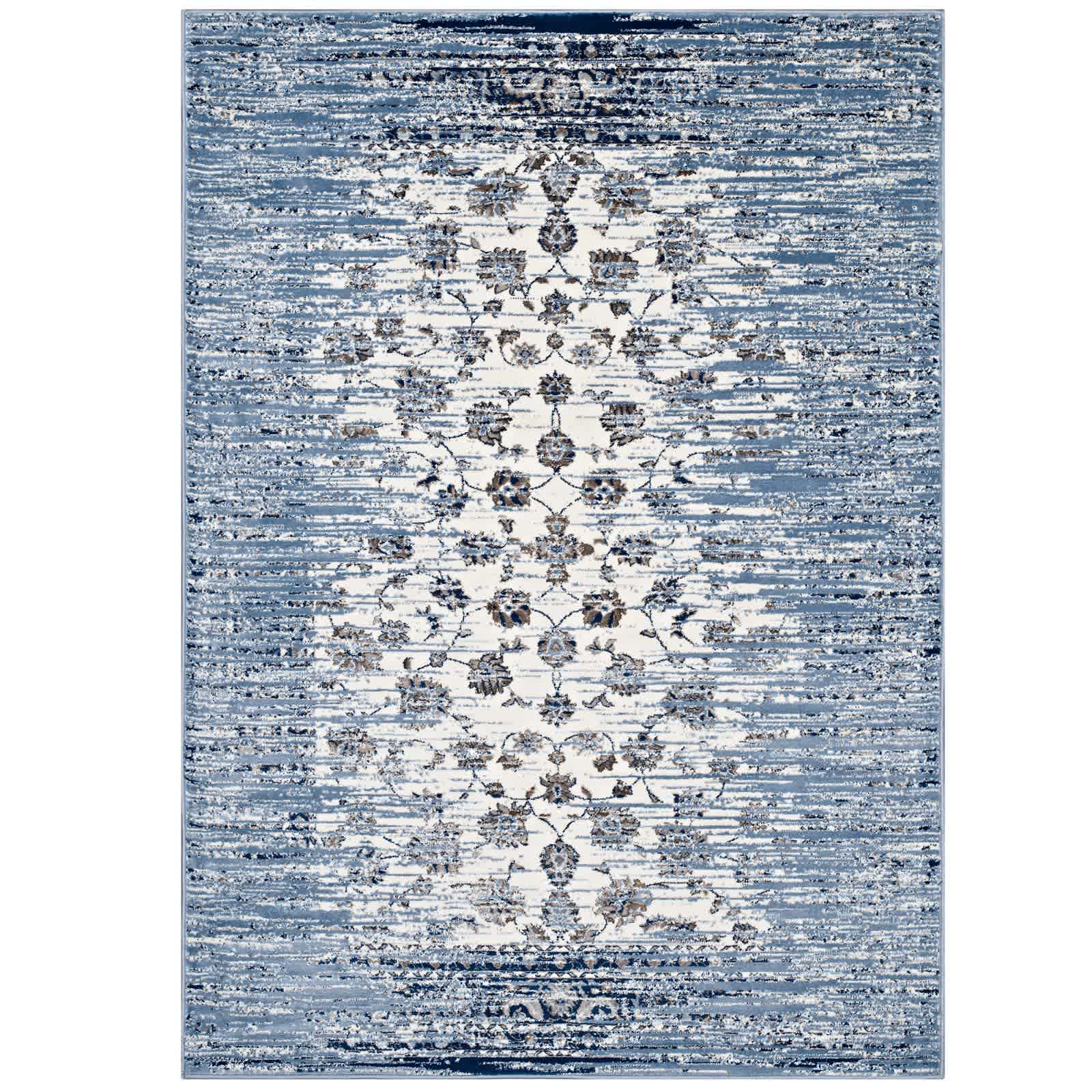  Chiara Distressed Floral Lattice Contemporary 8-ft x 10-ft Area Rug in Moroccan Blue and Ivory