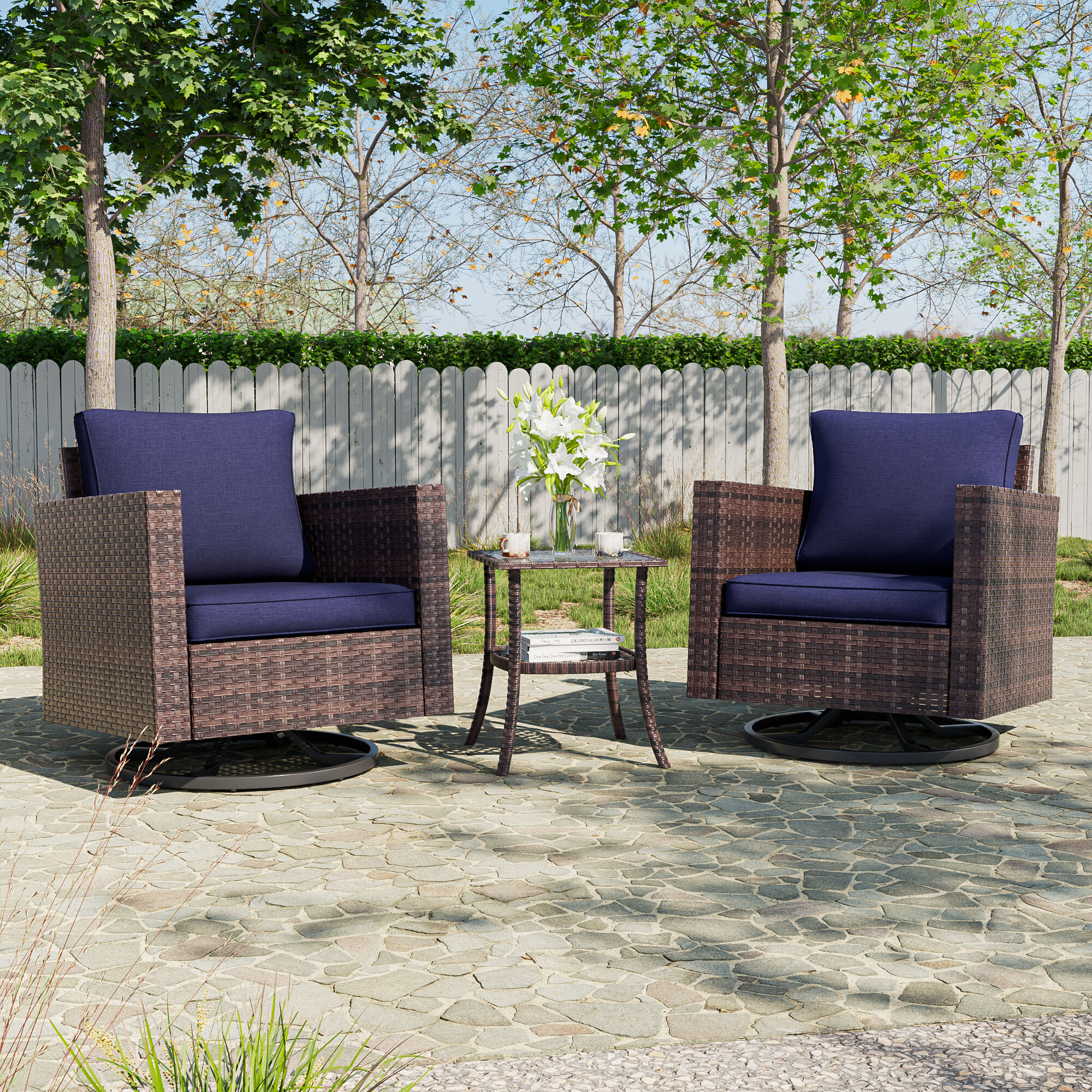 ACEGOSES LW-2R-BNY-T2 Patio Swivel rocker chairs 3-Piece Wicker Patio Conversation Set with Blue Cushions