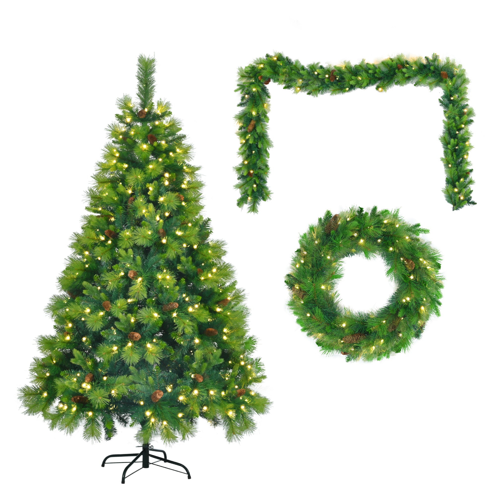Tatayosi T98445F 6FT Grass Green Christmas Tree Large Branches Pine Tree Pre-Lit Set with Tree and Garland and Wreath Artificial Christmas with Pine Cones Hinged Xmas Tree  for Holiday Party Ofiice Home