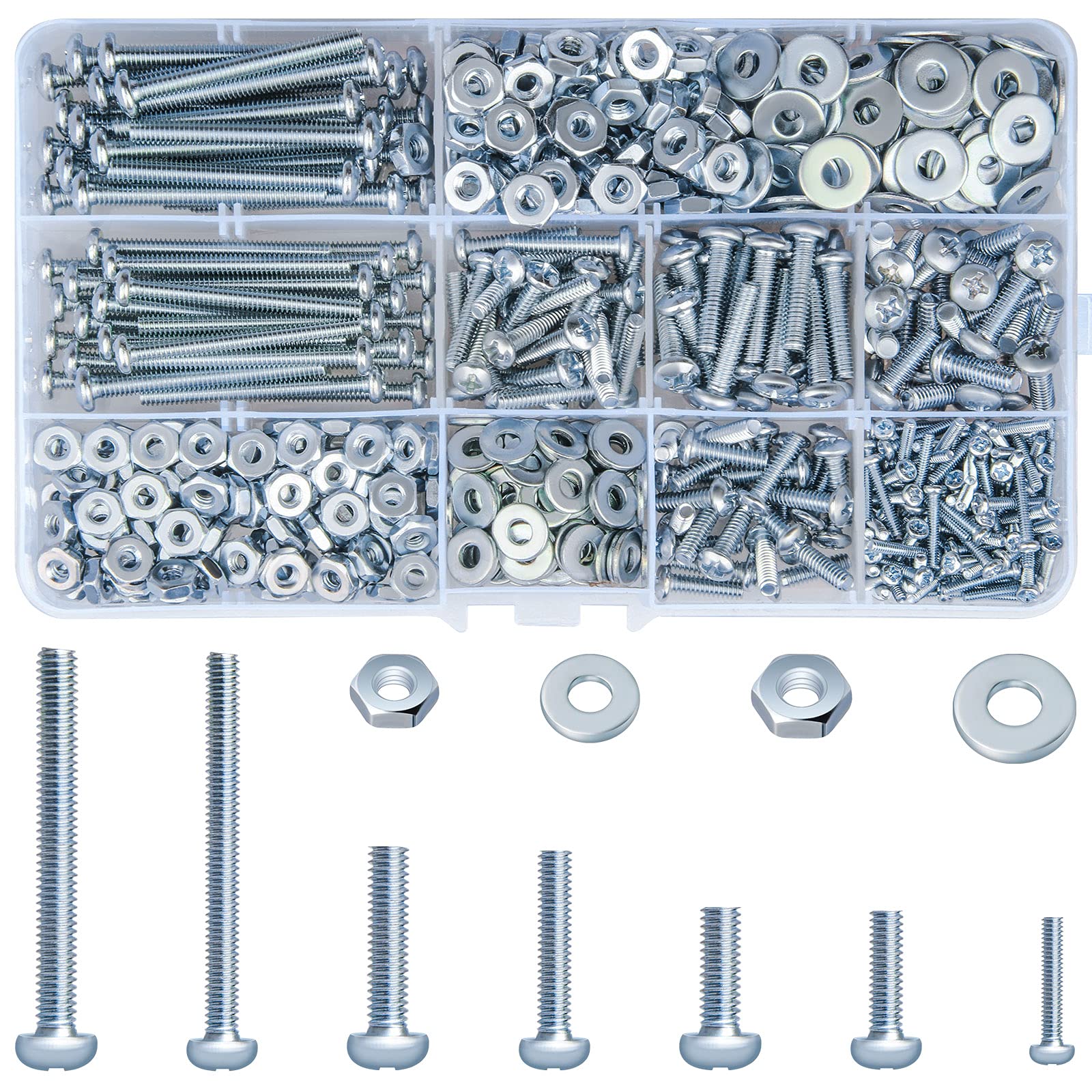 Adrinfly  651 Piece Machine Screw Nut and Washer Assortment Kit Zinc Plated Steel Pan Head Phillips Screws for Cabinet Door and Drawer Projects