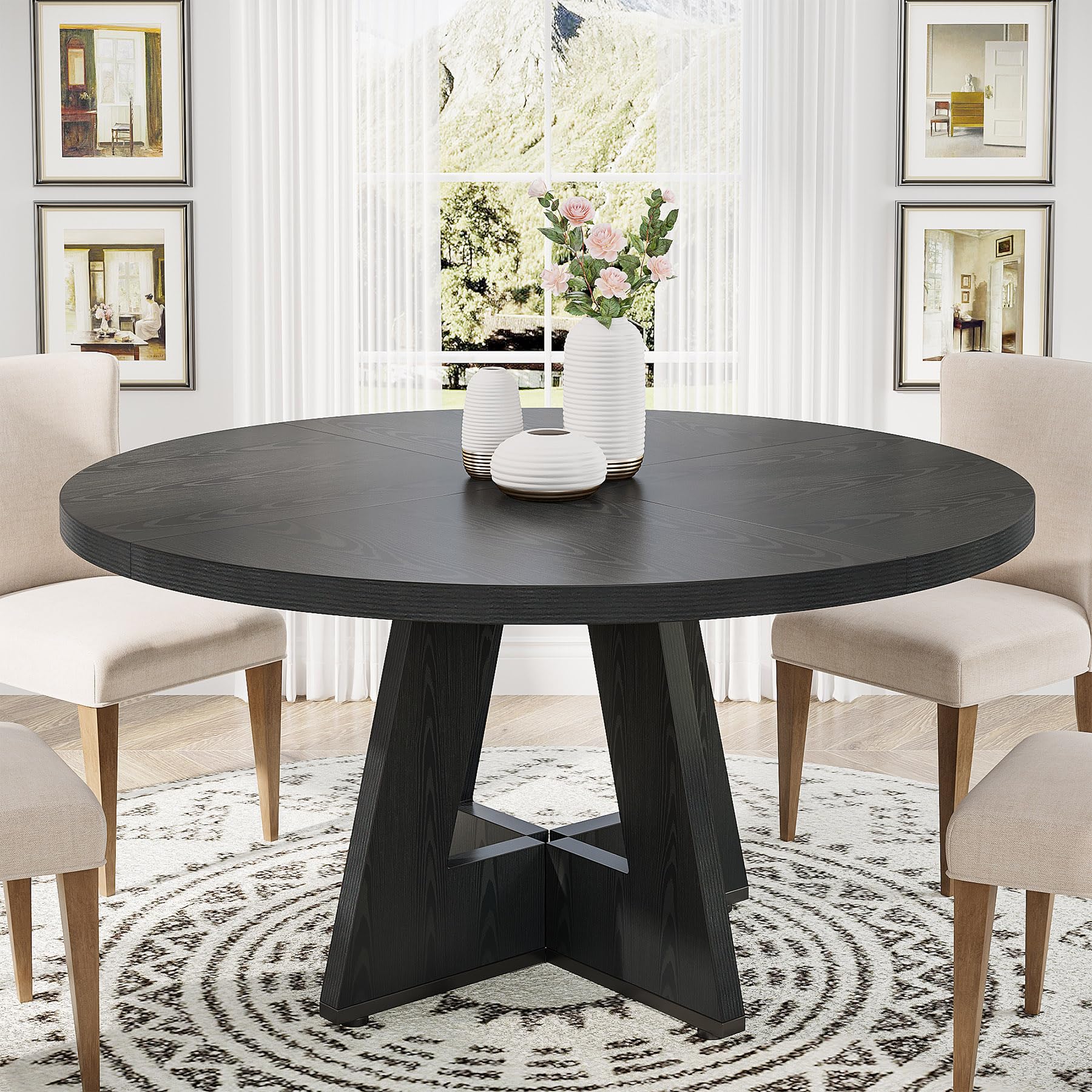 Tribesigns LWFD-XK00741 Black Round Contemporary/Modern Dining Table, Wood with Wood finish Wood Pedestal Base 46.5-in L x 29.6-in H