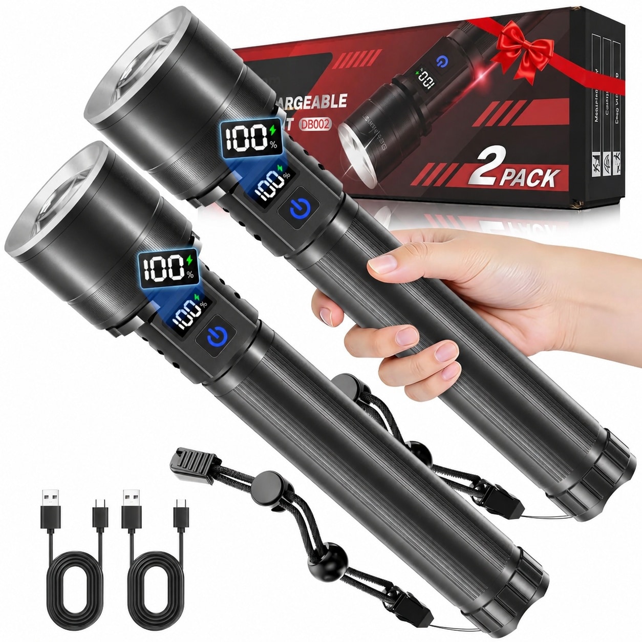 Justincity  2 Pack Rechargeable LED Flashlight Extended Handle Comfort Grip High Lumen 5 Modes Zoom Focus LCD Display Waterproof for Outdoor Camping