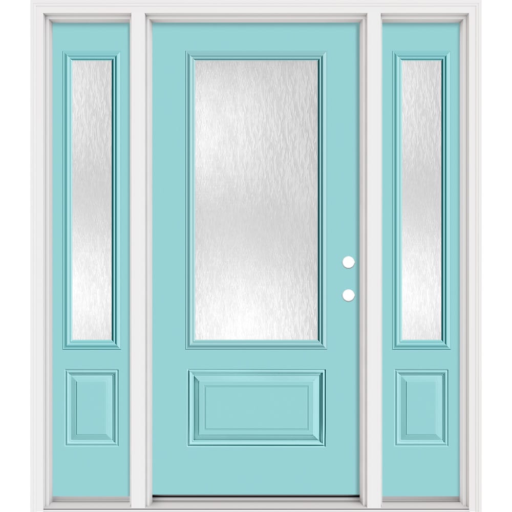 Masonite 321400 Steel Doors Series 64-in x 80-in x 4-9/16-in Steel 3/4 lite Left-hand inswing Caribbean Blue Painted Prehung Front Door with Sidelights with Brickmould Insulating core
