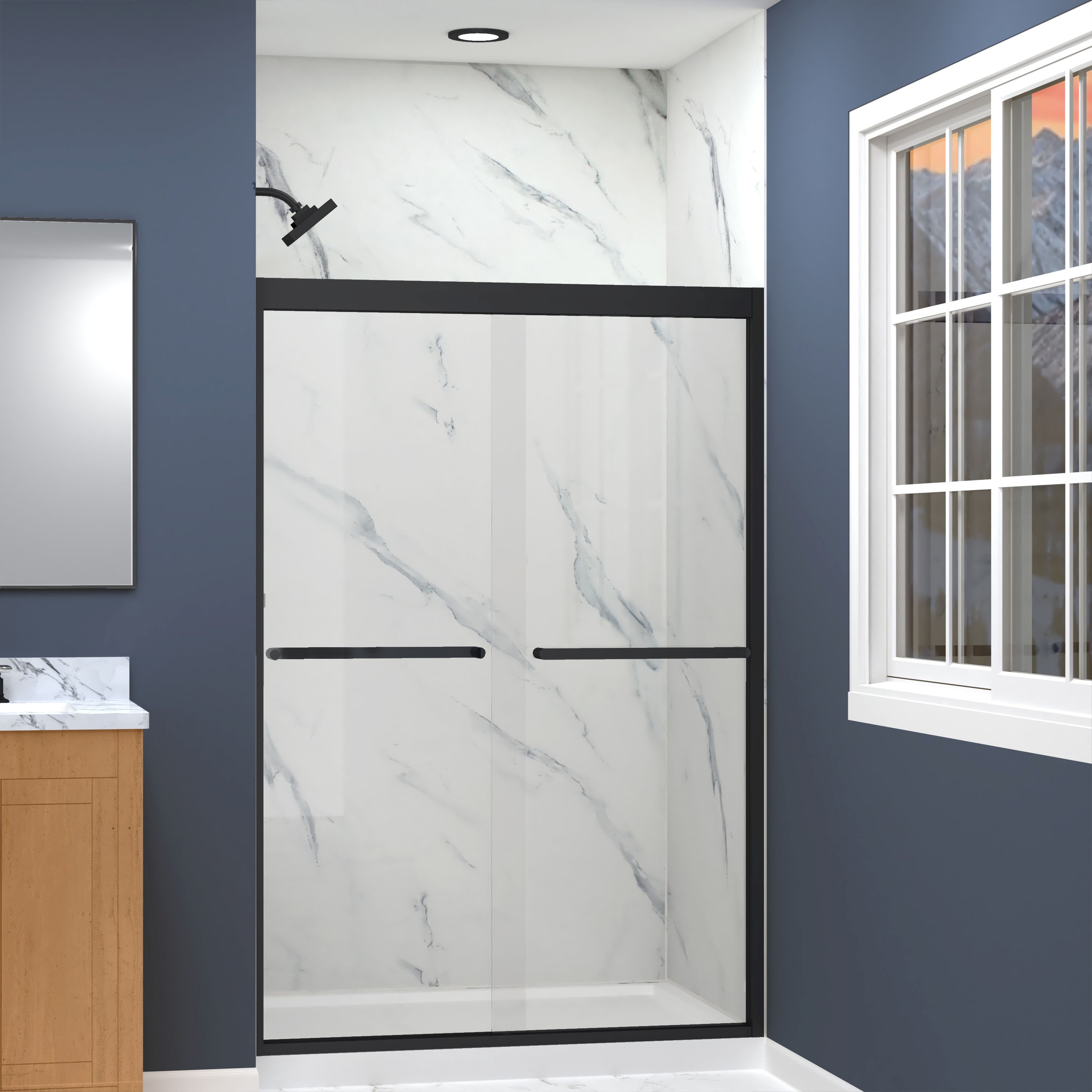 Transolid FBPT487008C-R-MB Frederick Matte Black 45-3/4-in to 47-in x 70-in Semi-frameless Sliding Soft Close Shower Door