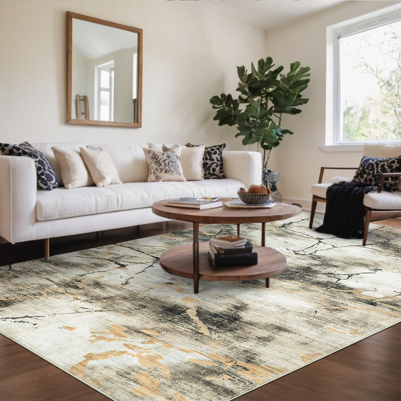 Garvee YXY-LO-PHO-16KJ291G 8 x 10 (ft) Loomed Polyester Brown Rectangular Indoor Abstract Mid-Century Modern Machine washable Area rug
