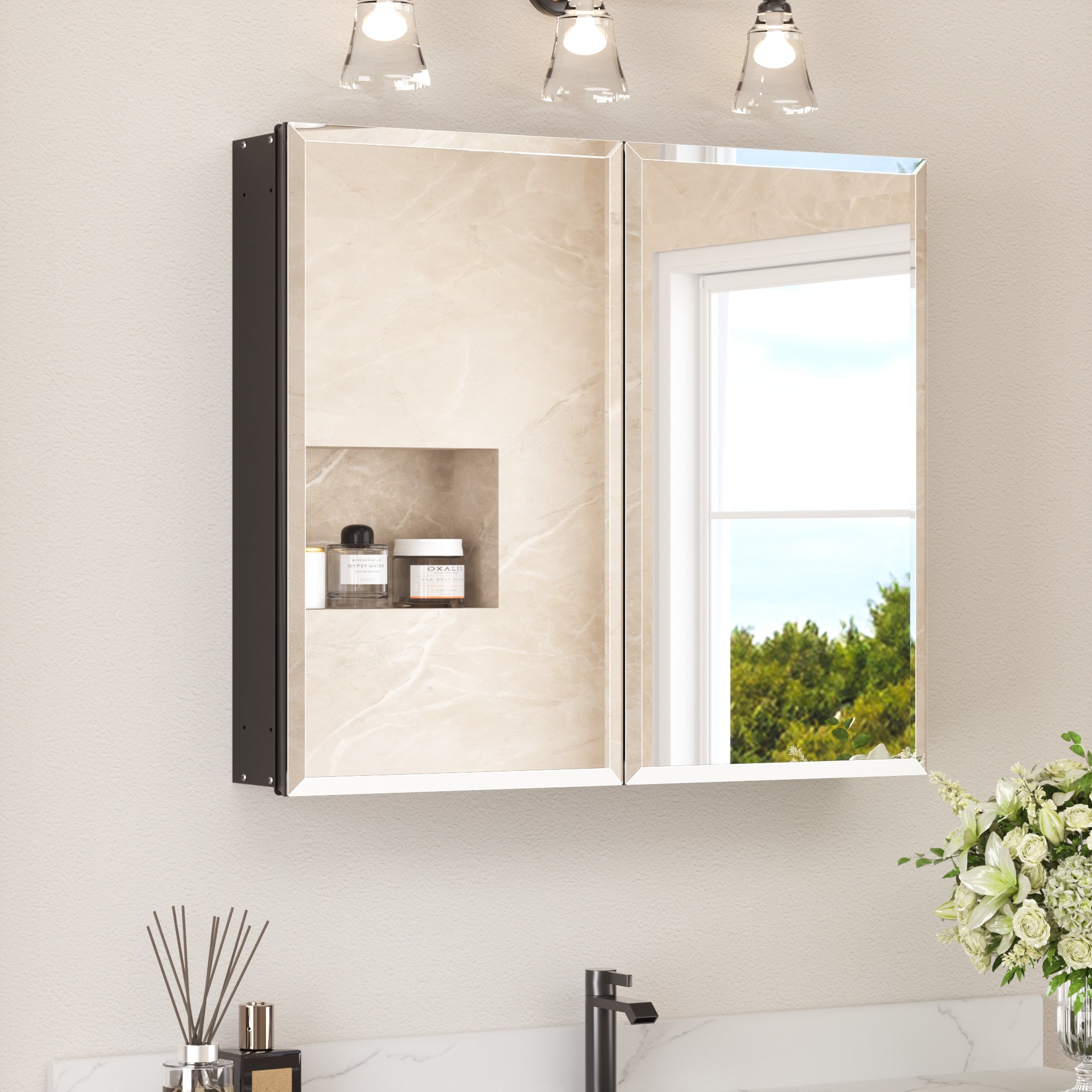 TETOTE - 30 x 26 in Black Frameless Surface/Recessed Aluminum Beveled Mirrored Rectangle Medicine...
