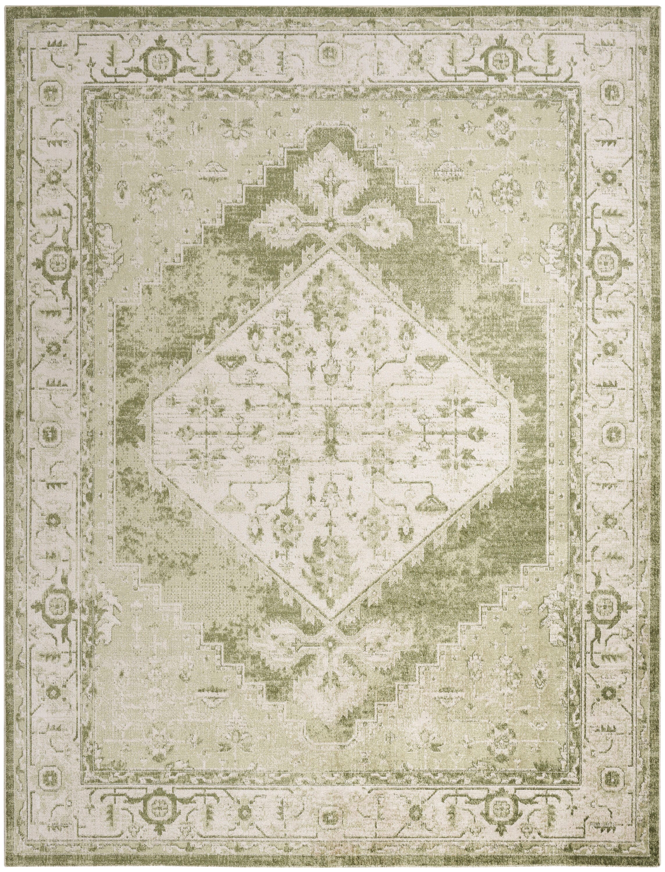 Ivory Green Floral Medallion Machine Washable Area Rug 8x10