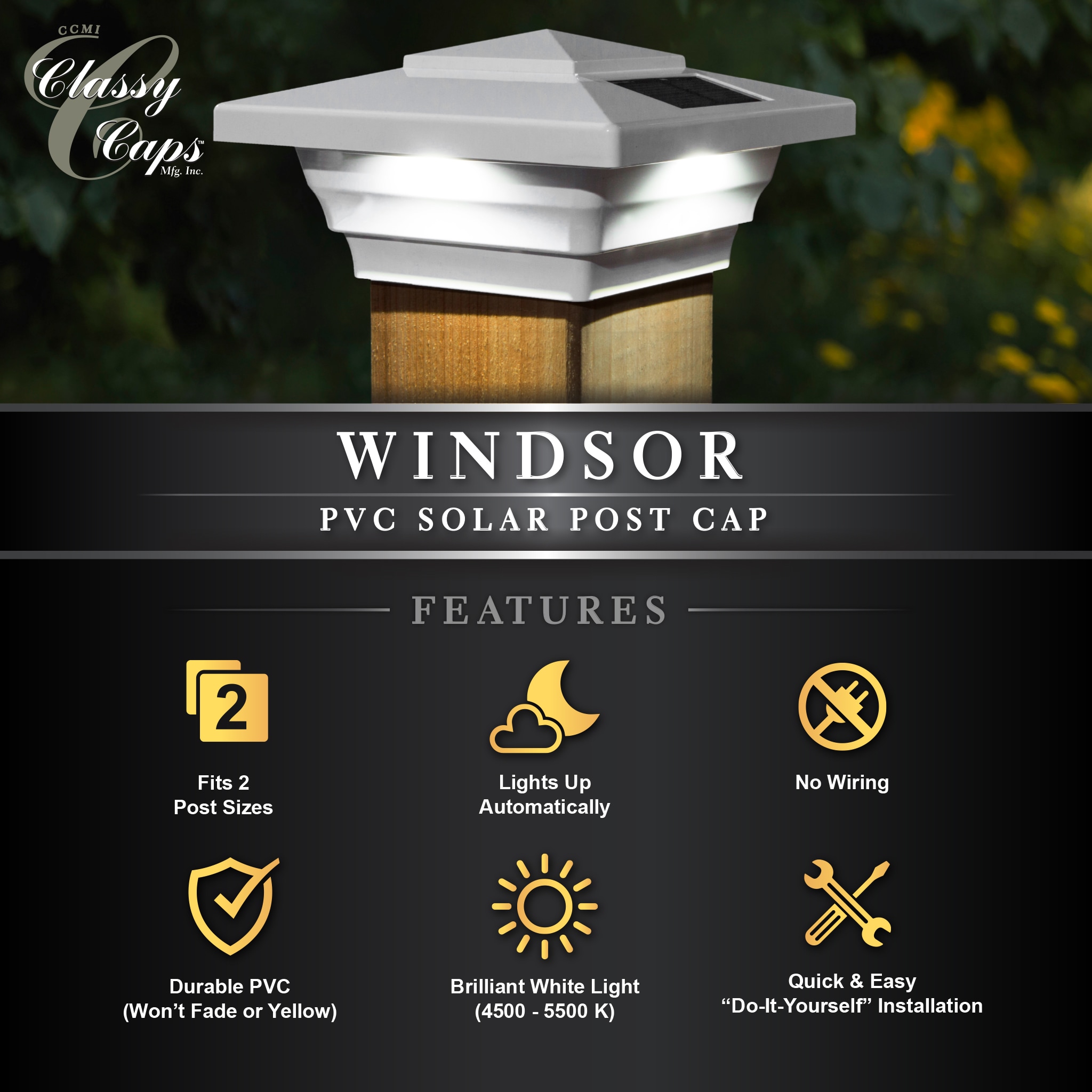 White PVC Solar LED Post Cap Light with Adapter