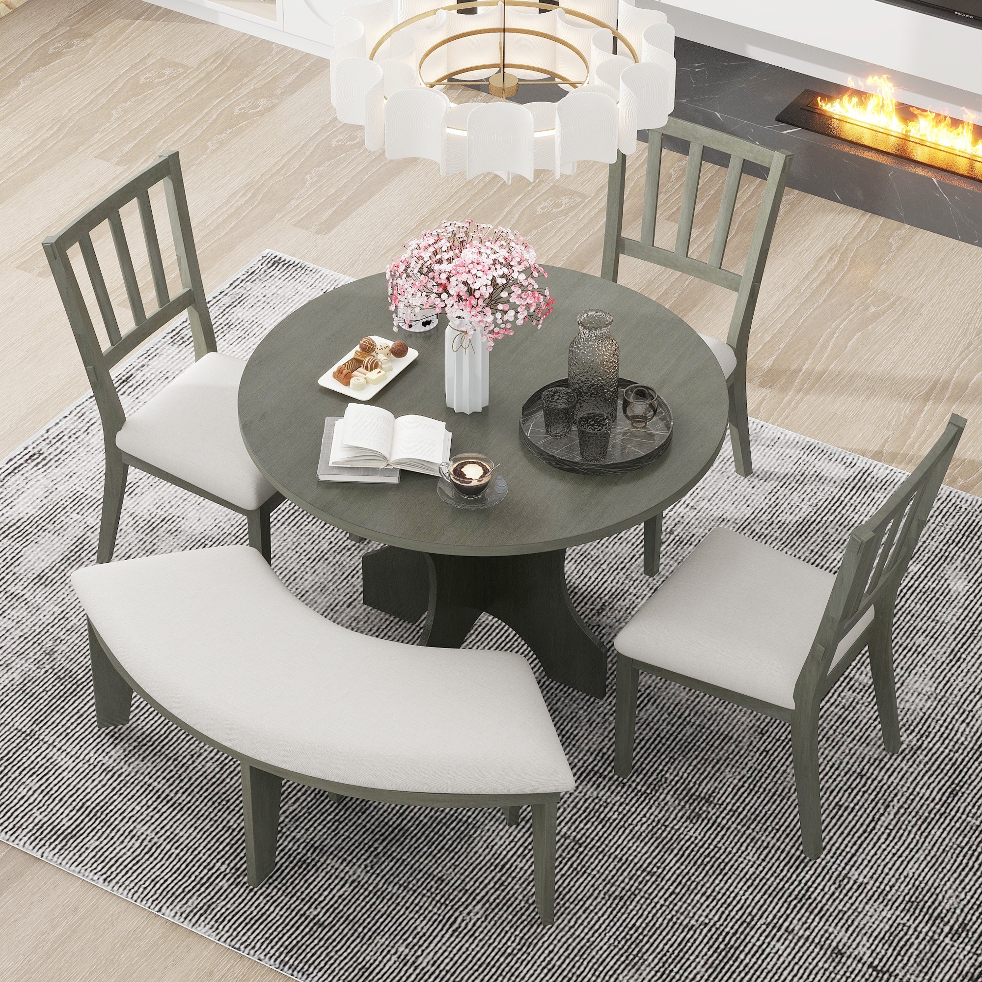 ModernLuxe ST000132AAE 5piece Rustic Charm Round Dining Set with 3 Upholstered Chairs and Curved Bench for Dining Room Kitchen and Living room Gray