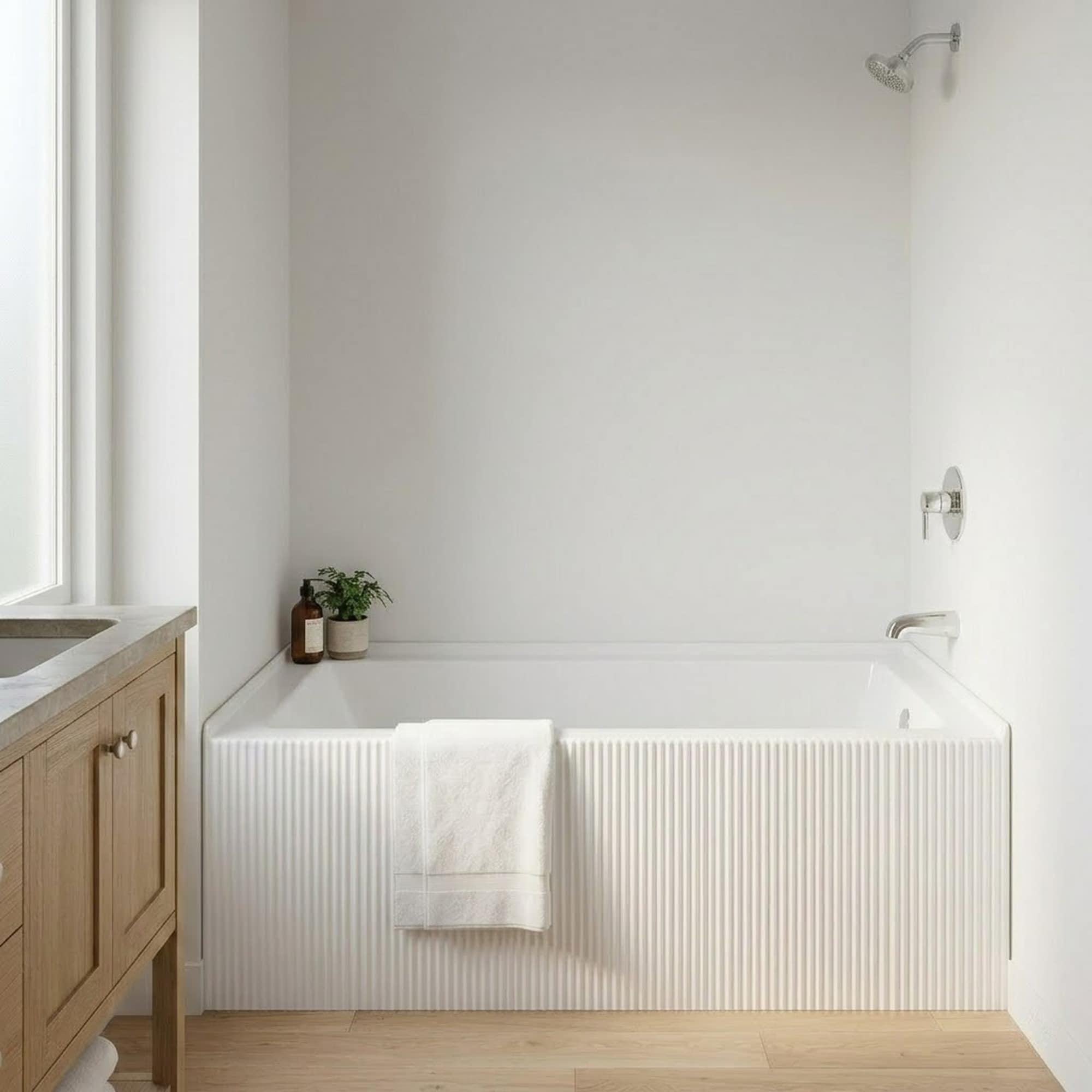 IAK - 60 inch x 32 inch Glossy White Acrylic Fluted Alcove Bathtub with Slip-Resistant Base