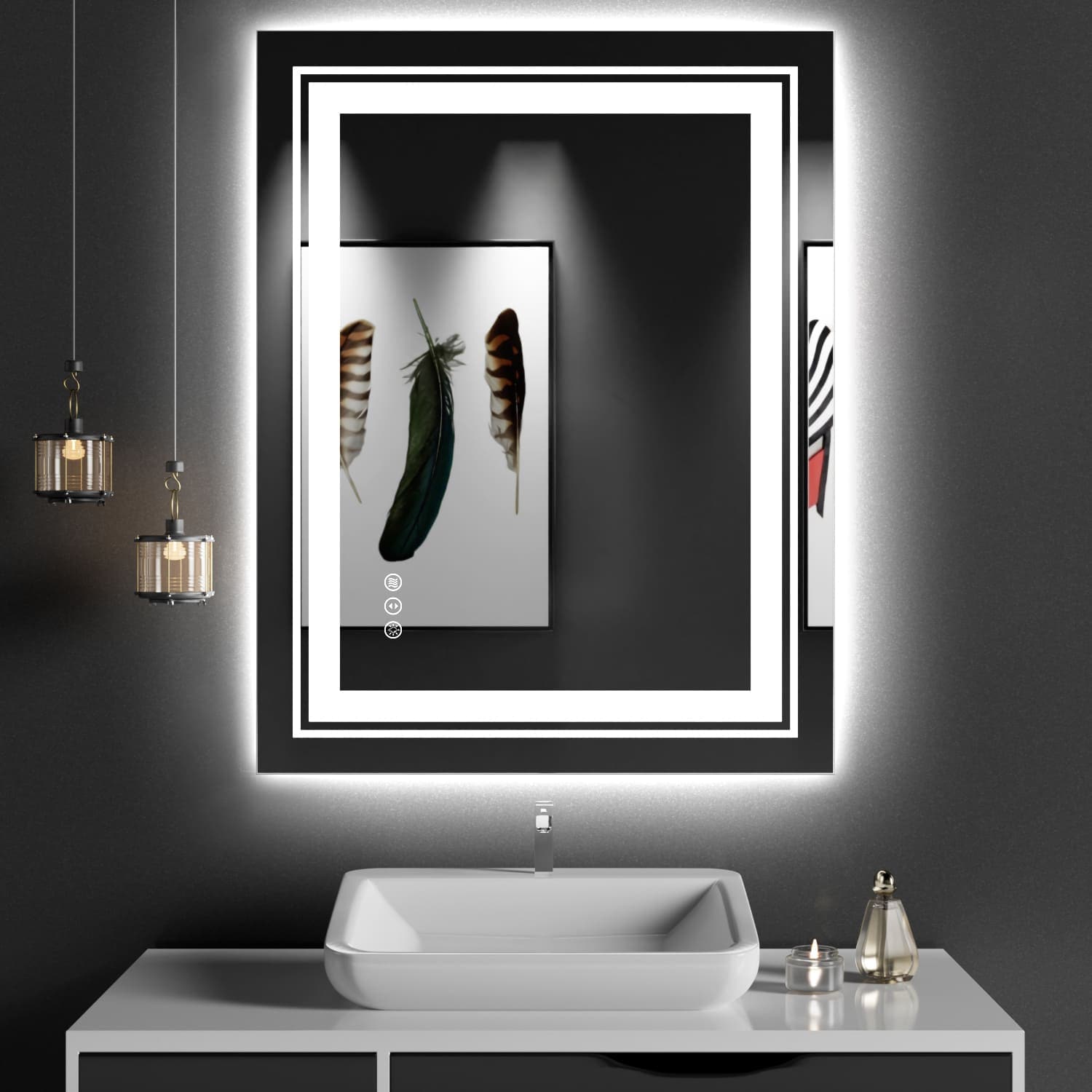 Amorho S1R7090UL 28-in W x 36-in H Polished Frameless Rectangle Dimmable LED Lighted Fog Free Bathroom Vanity Mirror for wall ( Sliver )