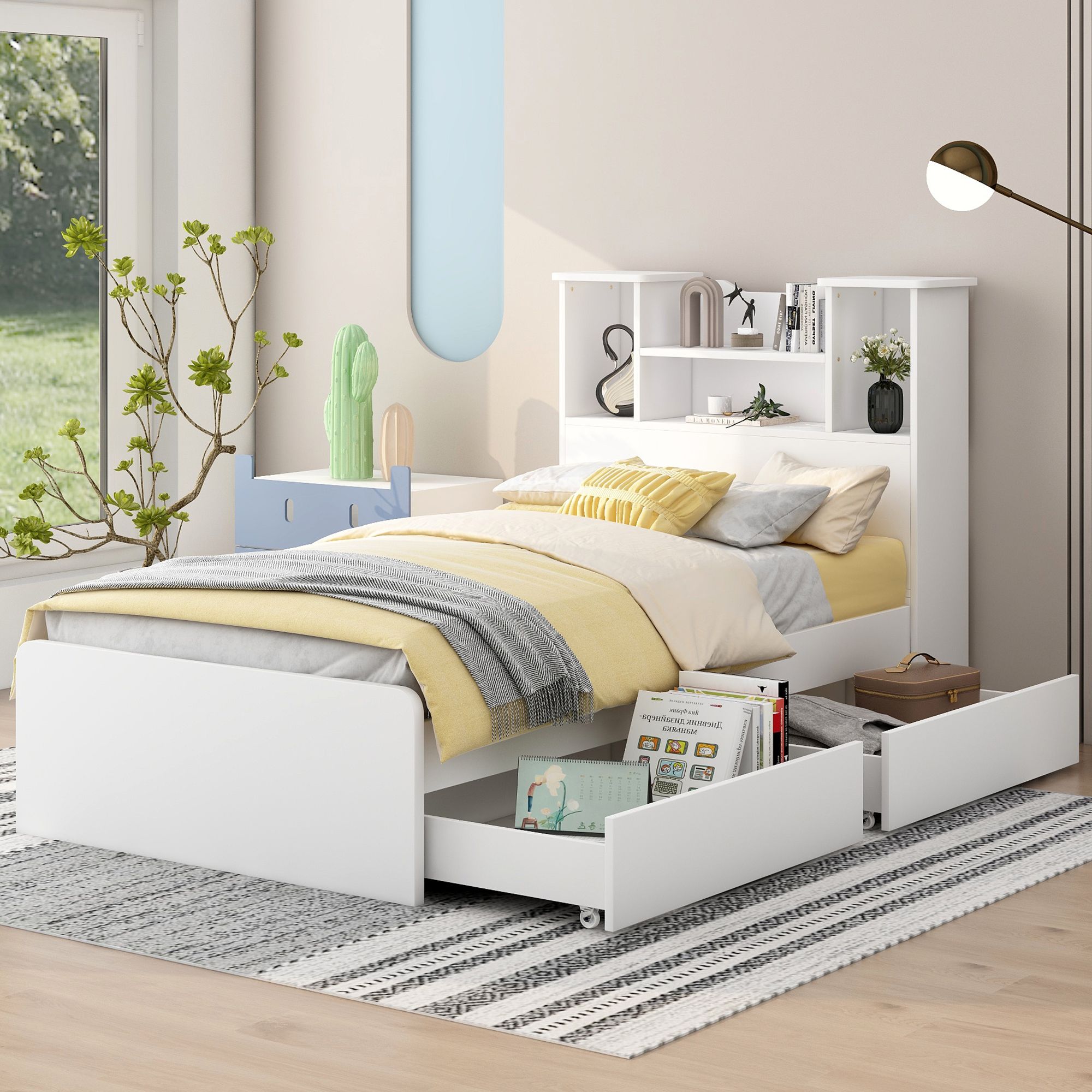 Yiekholo LL-1784AAK White Twin Wood Bed frame Bed with Storage
