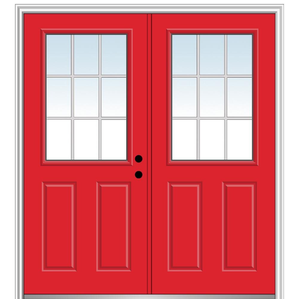 MMI DOOR ZZ23473L 72-in x 80-in x 4-9/16-in Fiberglass Half lite Left-hand inswing Red Saffron Painted Prehung Double Front Door with Brickmould Insulating core with Grilles