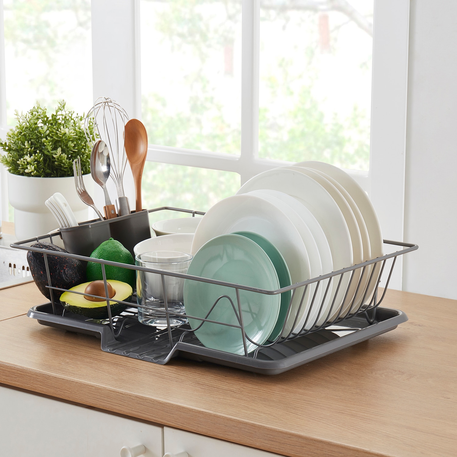 Sweet Home Collection LOW-3PC-DD-GRY Steel 3 Pc Large Countertop Dish Drainer with Drain Board and Utensil Holder