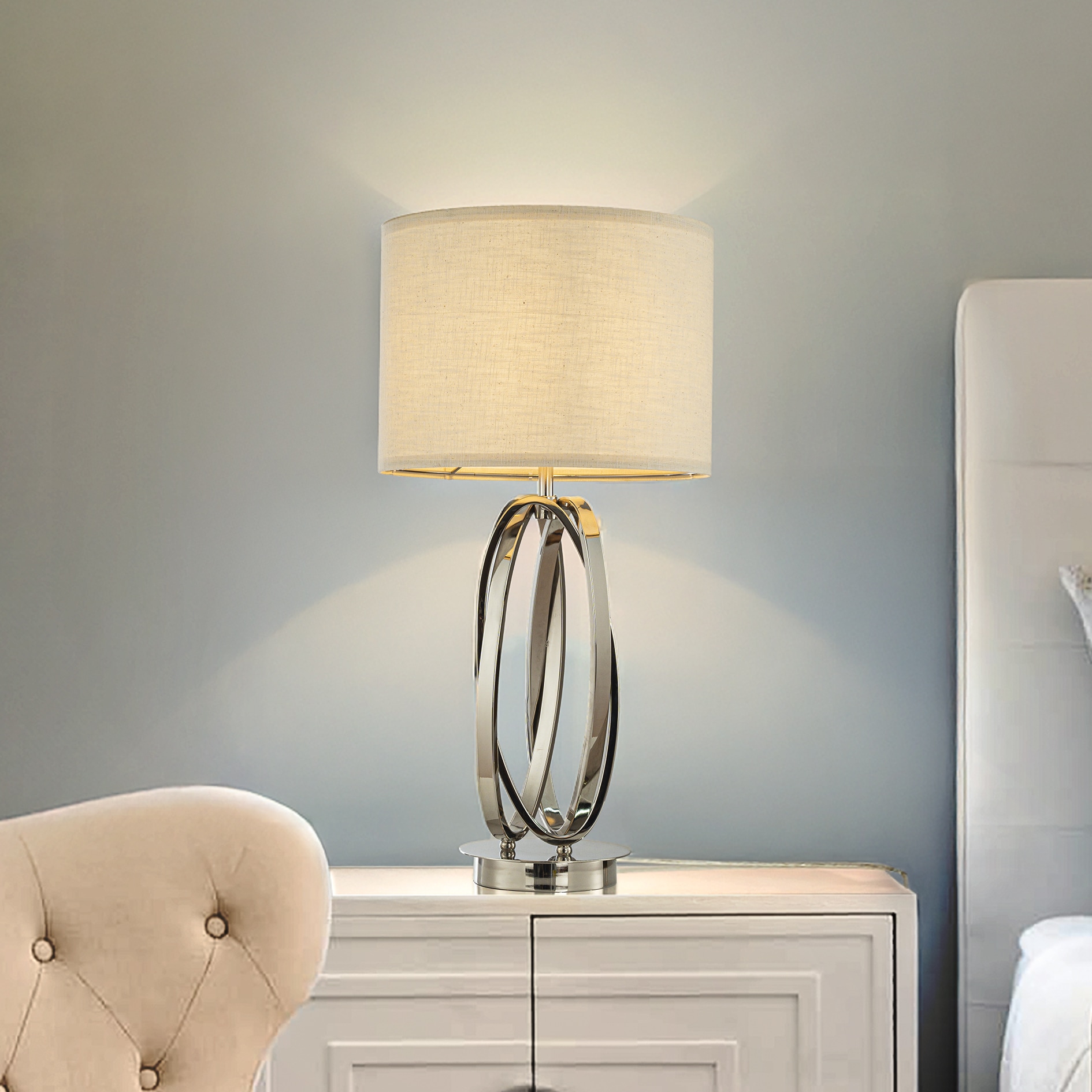 AloaDecor Lighting L7257T5012A 28-in Polished Nickel LED Incandescent On/Off switch Table Lamp with Fabric Shade