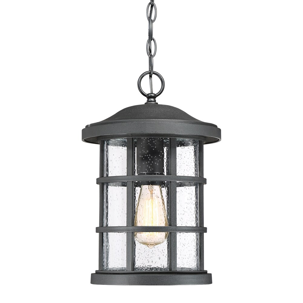 Quoizel Crusade Earth Black Transitional Seeded Glass Lantern Mini Outdoor Hanging Pendant Light