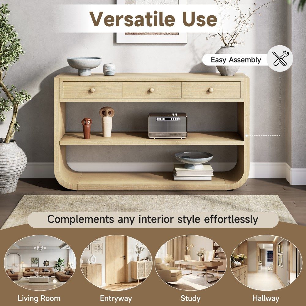 Coolbibila 55-in Modern Curved Console Table with 3 Soft-Close Drawers ...