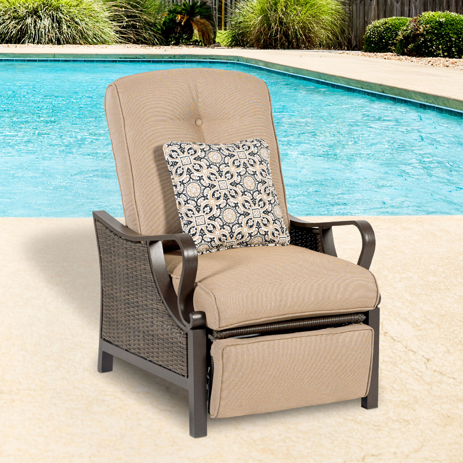 Hanover VENTURAREC-TAN Ventura Wicker Brown Steel Frame Stationary Recliner Chair with Tan Cushioned Seat