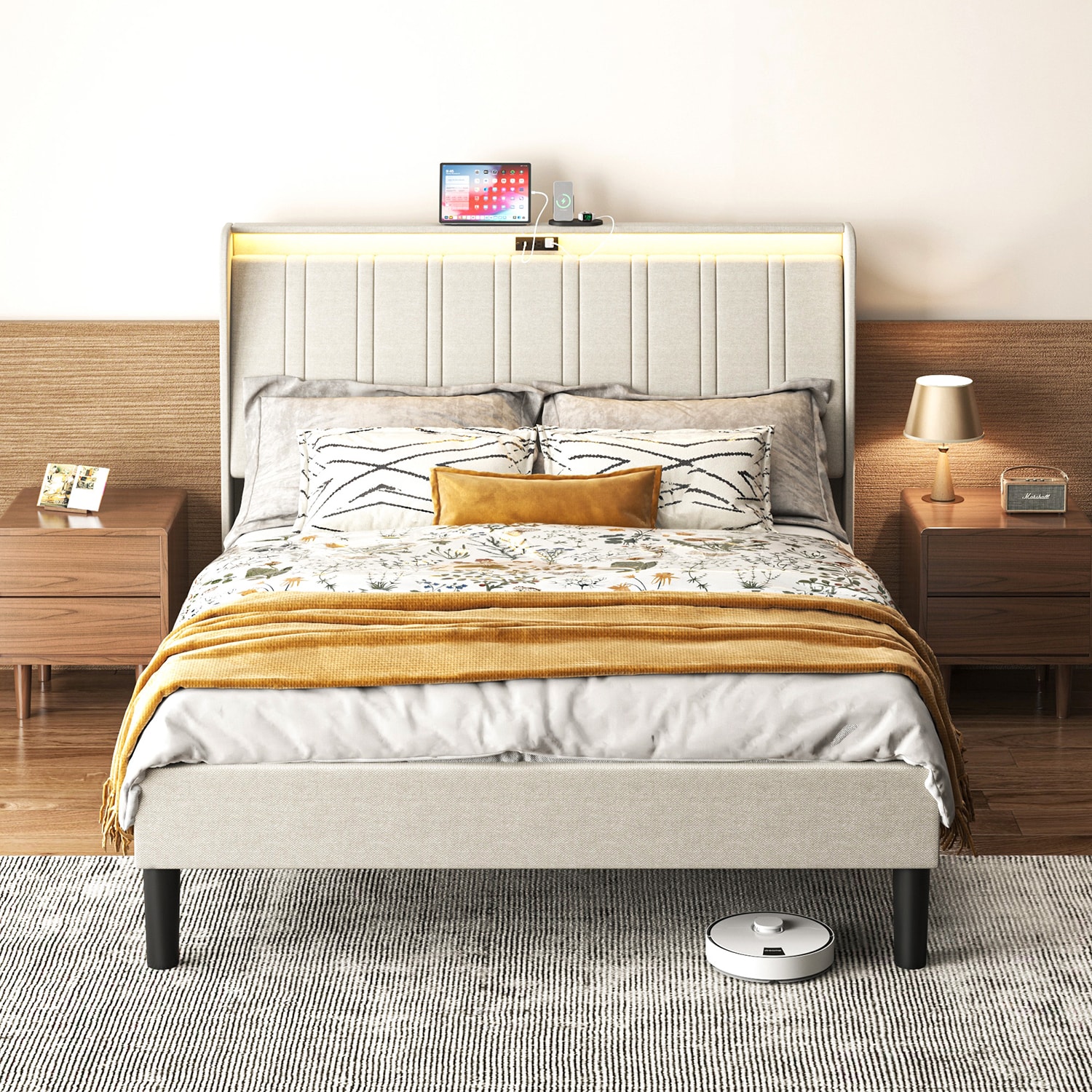 GZMR GM-W2895 Full Size Platform Bed Frame Beige Full Metal Bed frame Bed