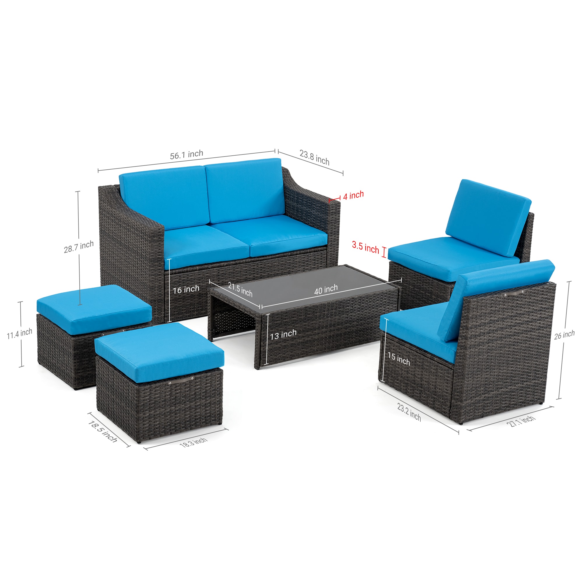  HPO-SF6-GT-WL2 Wicker Outdoor Sectional with Blue Cushions and Wicker Frame