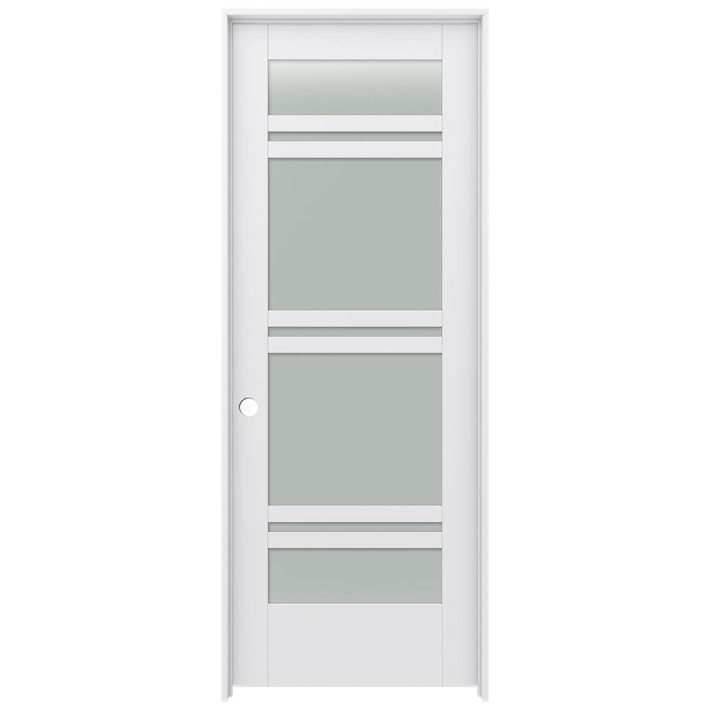 JELD-WEN LOWOLJW221101048 32-in x 80-in Primed Solid core 7-panel Frosted glass Right hand Smooth Primed MDF Flat Jamb Single Prehung Interior Door